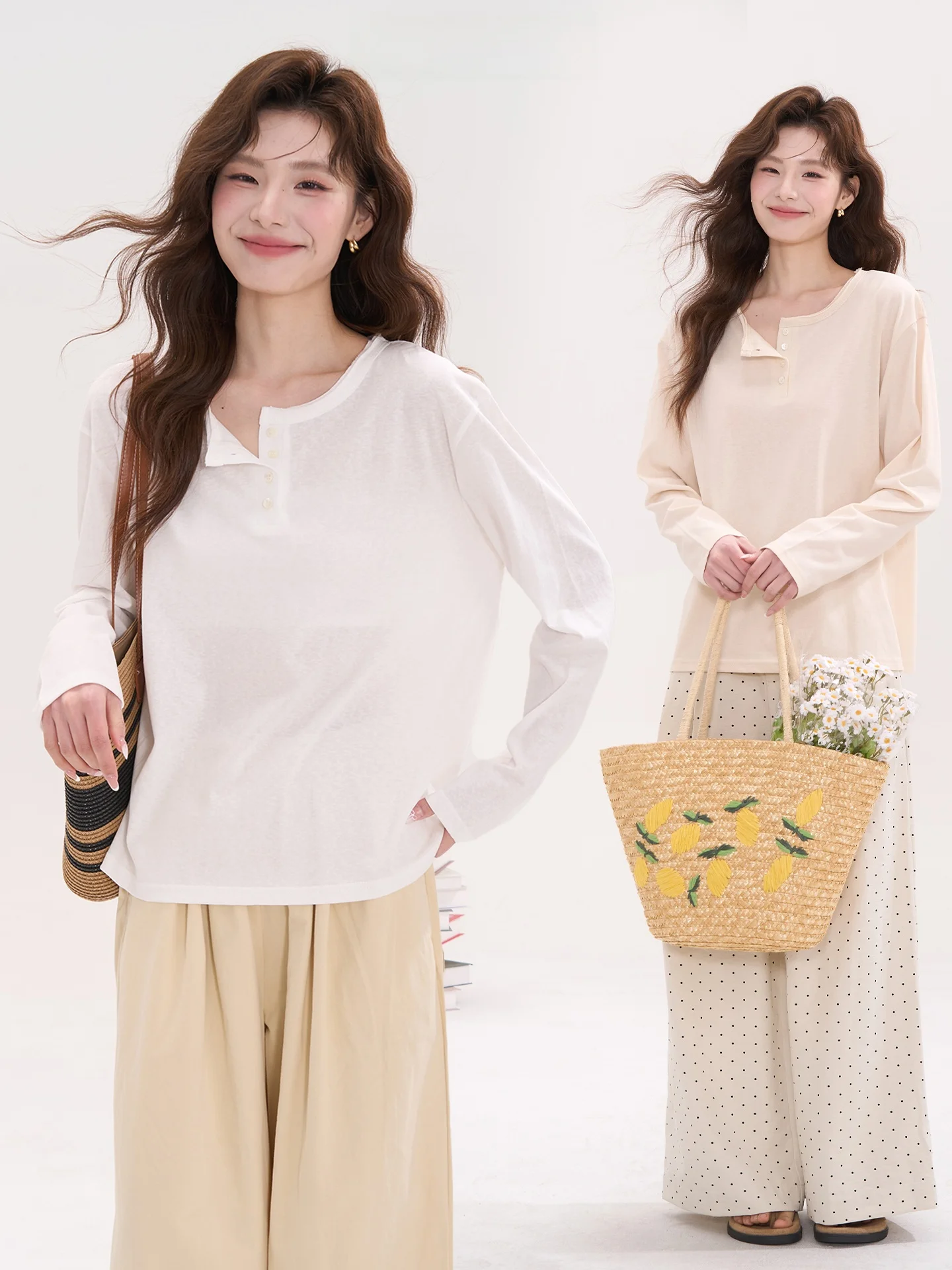 Spring Collection Thin Long Sleeve T-Shirt Women's Casual Style Folded Collar Henry Shirt Floral Window Heme Spring Partner
Spring Collection Thin Long Sleeve T-Shirt Women's Casual Style Folded Collar Henry Shirt Floral Window Heme Spring Partner