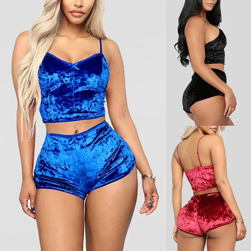 Women's Sleepwear 2 Pieces Pyjamas set Sexy Nightwear Suit Solid Soft Velvet Lingerie Set Pleated Strap Women Top+Loose Shorts
Women's Sleepwear 2 Pieces Pyjamas set Sexy Nightwear Suit Solid Soft Velvet Lingerie Set Pleated Strap Women Top+Loose Shorts
