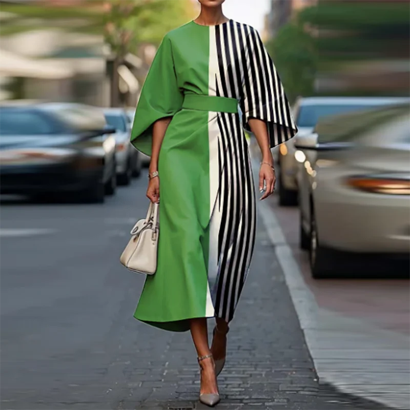Elegant Crew Collar Stripe Print Long Dress Casual Women's Pleat Party Dress Spring Vintage Printed Batwing Sleeve Commute Dress
Elegant Crew Collar Stripe Print Long Dress Casual Women's Pleat Party Dress Spring Vintage Printed Batwing Sleeve Commute Dress