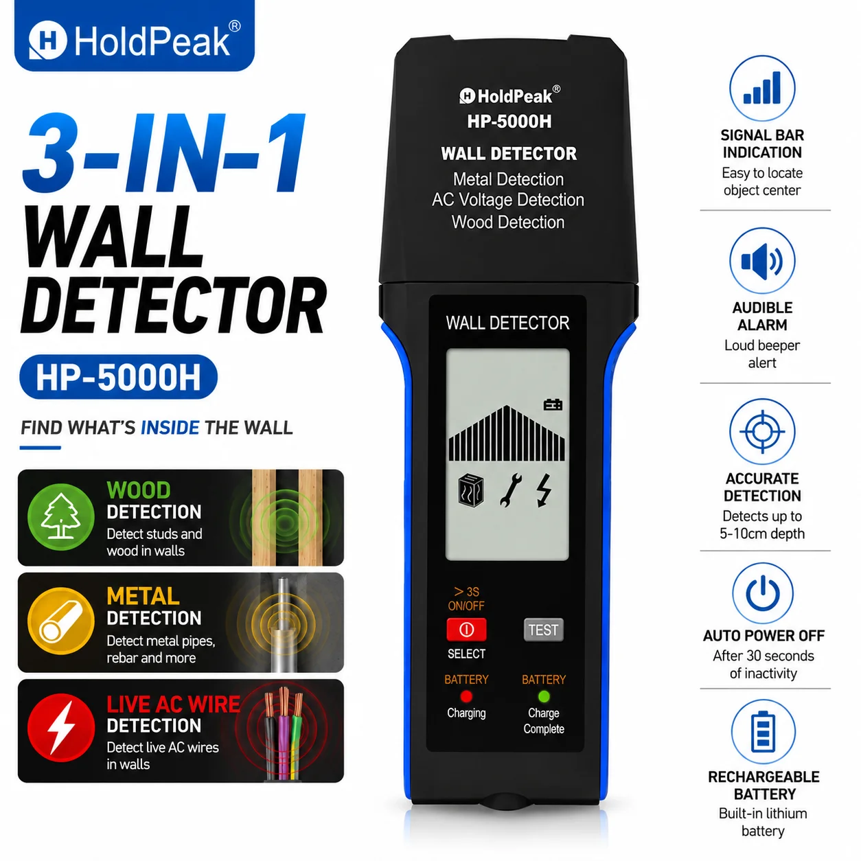HoldPeak-5000H,3 in 1 Stud Finder Wall Scanner Metal Wood AC Voltage Live Wire Detector Electric Box Finder LCD Signal Bar
HoldPeak-5000H,3 in 1 Stud Finder Wall Scanner Metal Wood AC Voltage Live Wire Detector Electric Box Finder LCD Signal Bar