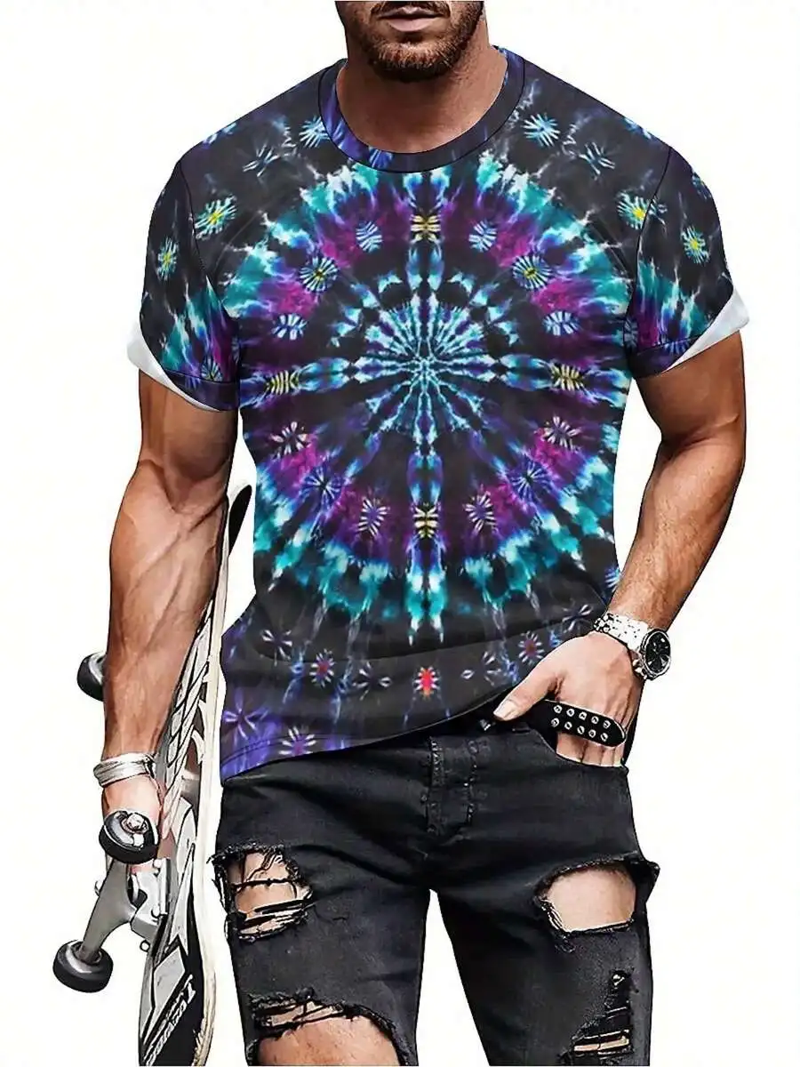 Mens 3D Tie-Dye T-Shirt With Geometric Pattern - Blue Purple Pink Green On Black, Breathable Regular Fit For Streetwear Gym
Mens 3D Tie-Dye T-Shirt With Geometric Pattern - Blue Purple Pink Green On Black, Breathable Regular Fit For Streetwear Gym