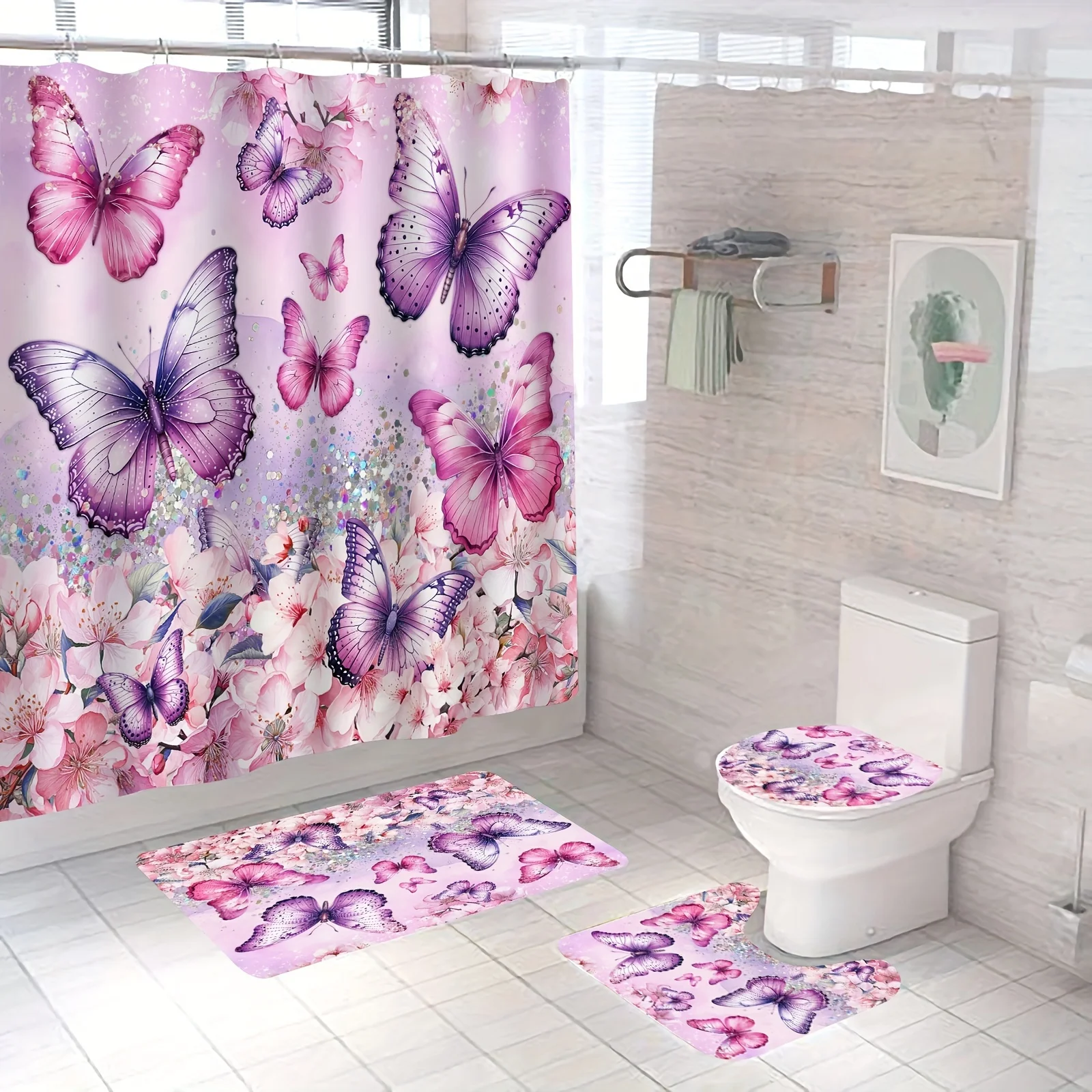 Набор из 10 предметов для ванной комнаты Dreamy Butterfly Garden: водонепроницаемая занавеска для душа, коврик для ванной, чехол для унитаза - элегантный домашний декор
Набор из 10 предметов для ванной комнаты Dreamy Butterfly Garden: водонепроницаемая занавеска для душа, коврик для ванной, чехол для унитаза - элегантный домашний декор