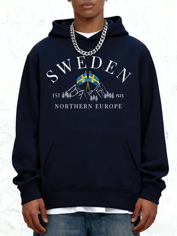 Sweden Mountain Flag Prints Cotton Hoodie Mens Sporty Loose Sweatshirts Winter Fleece Warm Pullovers Jogging Pocket Male Clothes