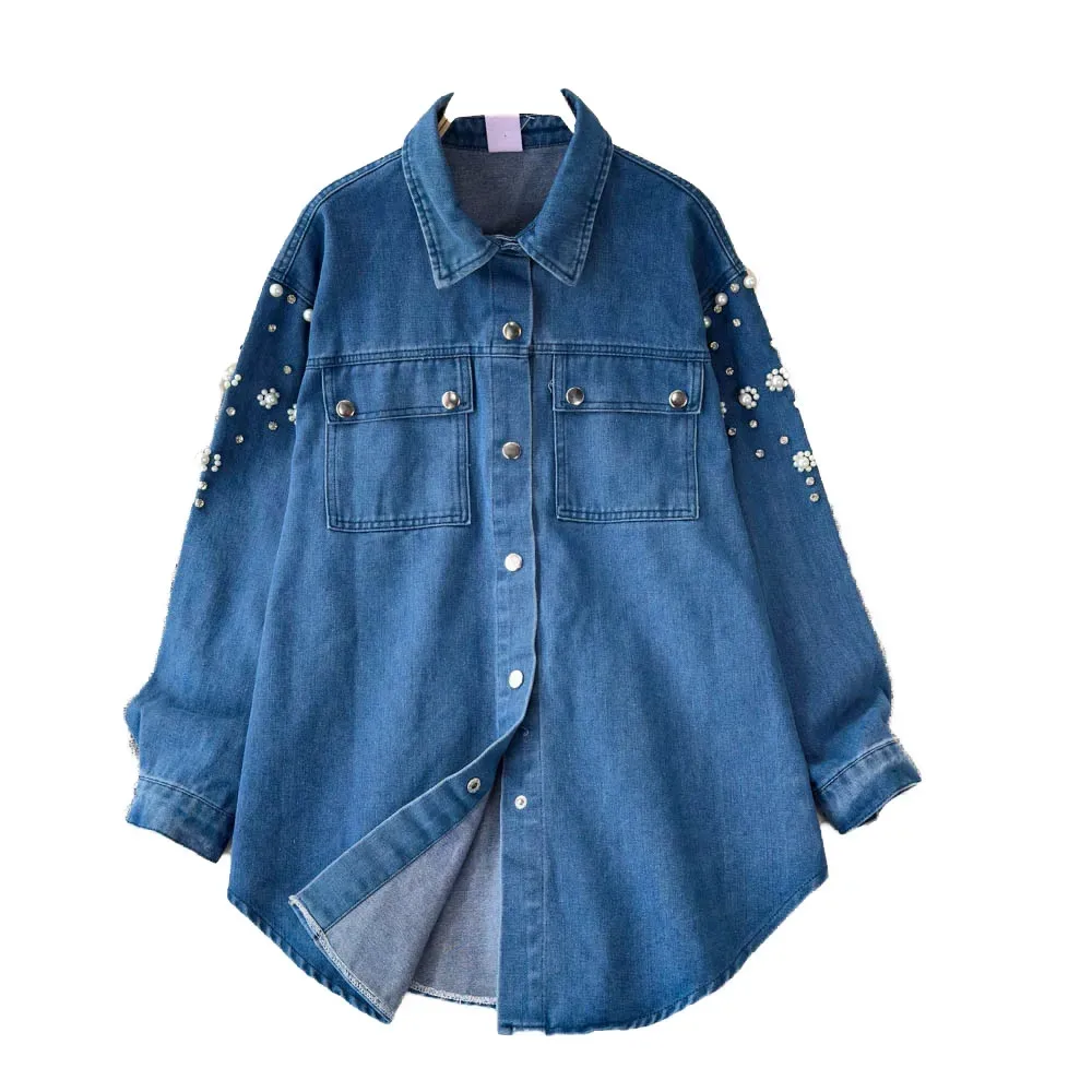 Fashion Denim Lapel Shirts Women Spring Vintage Beading Double Pocket Shirt Loose Jeans Coat Female Casual Blouse Clothing B1000
Fashion Denim Lapel Shirts Women Spring Vintage Beading Double Pocket Shirt Loose Jeans Coat Female Casual Blouse Clothing B1000