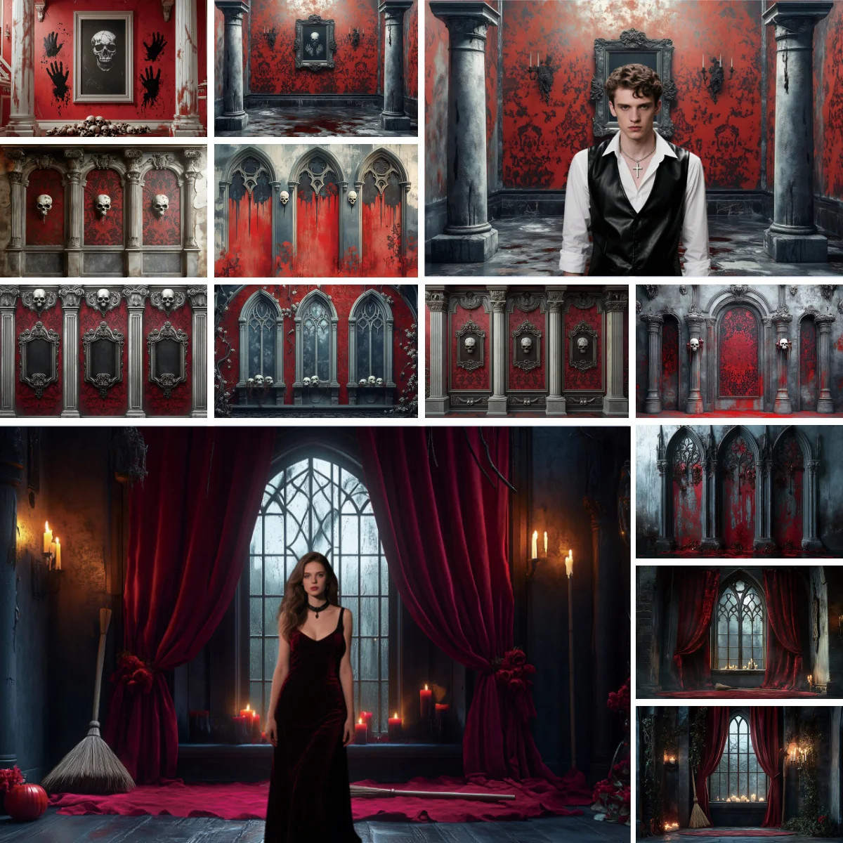 Halloween Photography Backdrops Medieval Castle Palace Horror Red Wall Curtain Skull Adults Portrait Decoration Photo Background
Halloween Photography Backdrops Medieval Castle Palace Horror Red Wall Curtain Skull Adults Portrait Decoration Photo Background