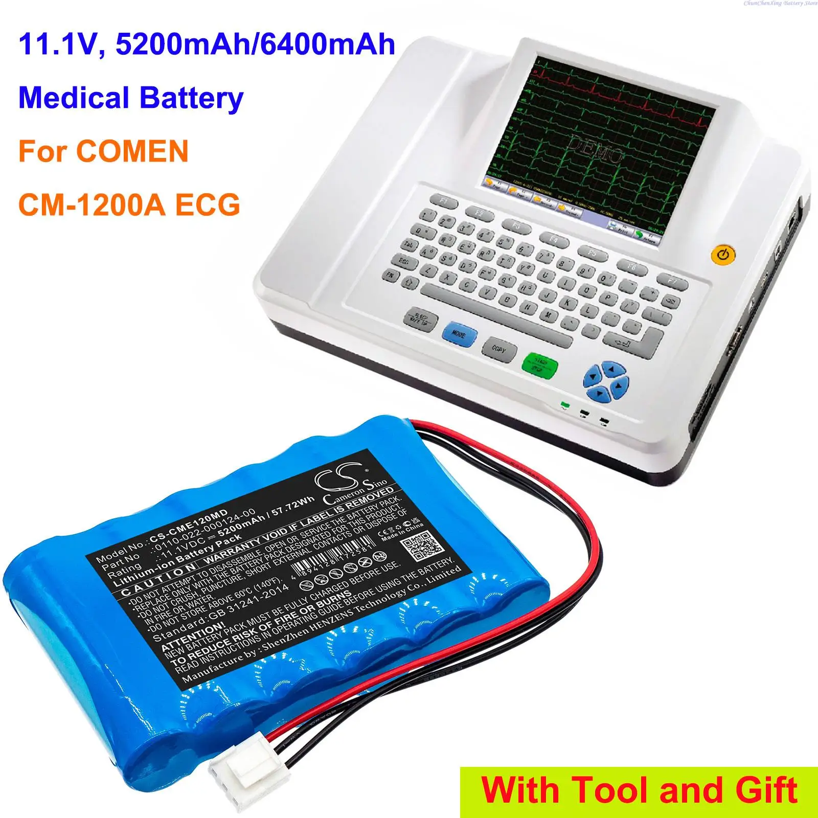 Cameron Sino 5200mAh/6400mAh Medical Battery 0110-022-000124-00 for COMEN CM-1200A ECG, this is 11.1V, and 6 cells
Cameron Sino 5200mAh/6400mAh Medical Battery 0110-022-000124-00 for COMEN CM-1200A ECG, this is 11.1V, and 6 cells