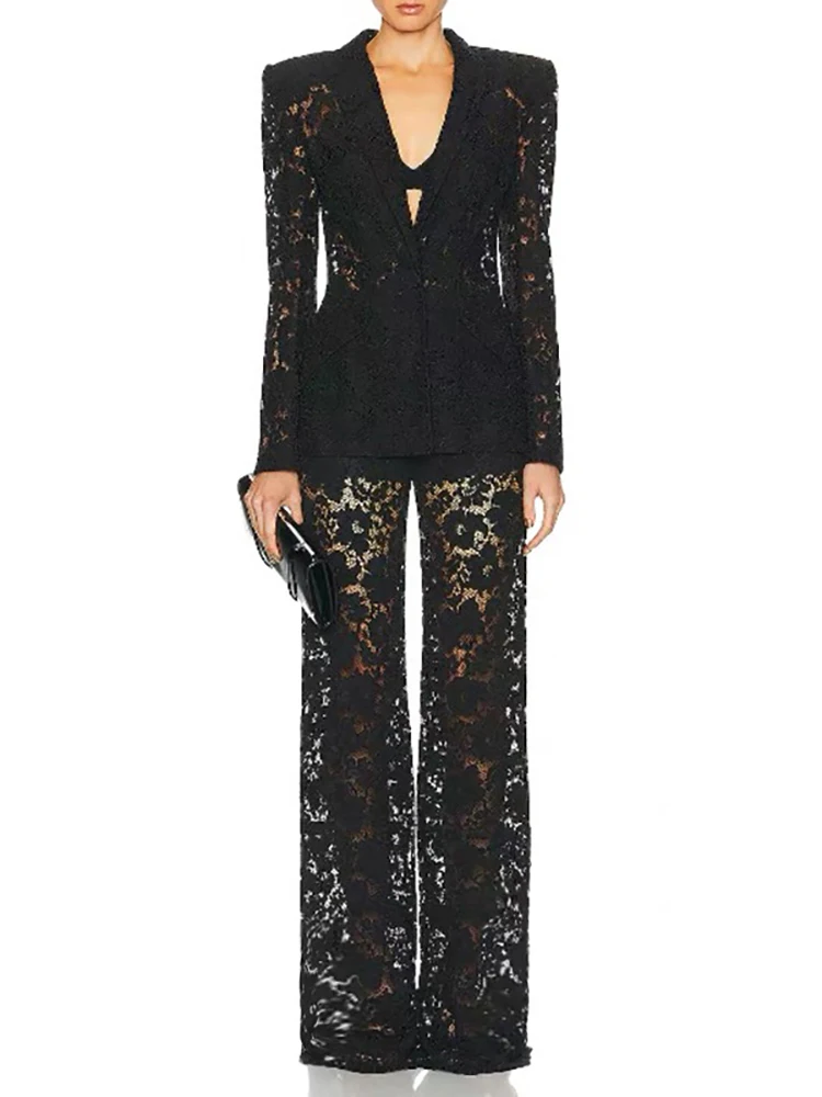 Women Black White Pants Two Piece Set Sexy Lace Button Long Sleeve Blazer + Straight Pants Set Evening Party Cocktail Suits
Women Black White Pants Two Piece Set Sexy Lace Button Long Sleeve Blazer + Straight Pants Set Evening Party Cocktail Suits