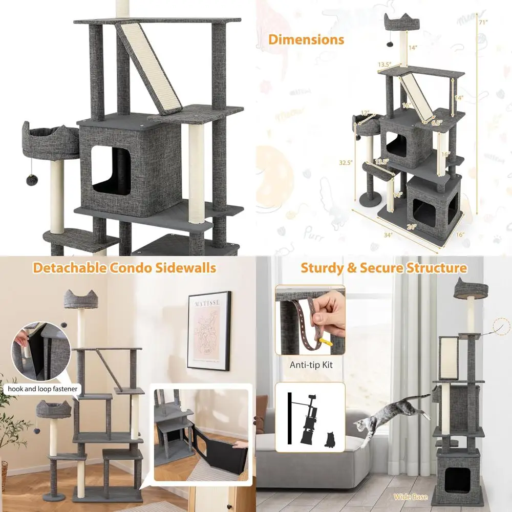 71 Modern Grey Cat Tower with 2 Condos, Scratching Posts, Top Perch, Sisal Ramp, 2 Plush Toys
71 Modern Grey Cat Tower with 2 Condos, Scratching Posts, Top Perch, Sisal Ramp, 2 Plush Toys