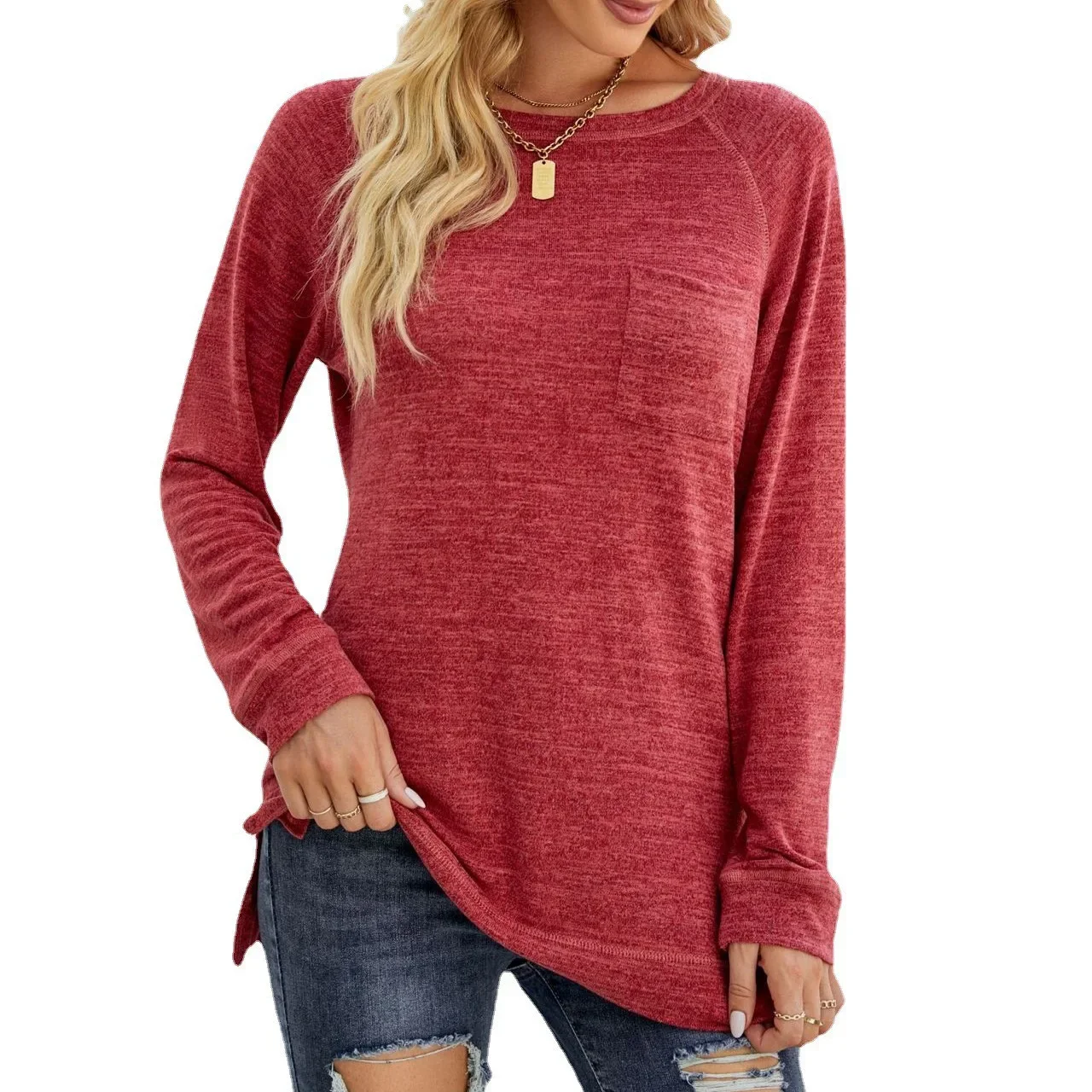 Full Sleeve Womens Short Spring Autumn Casual long T-shirt Sexy O-neck Solid Slit Sides Elegant knitted Top Classic pocket Tees
Full Sleeve Womens Short Spring Autumn Casual long T-shirt Sexy O-neck Solid Slit Sides Elegant knitted Top Classic pocket Tees