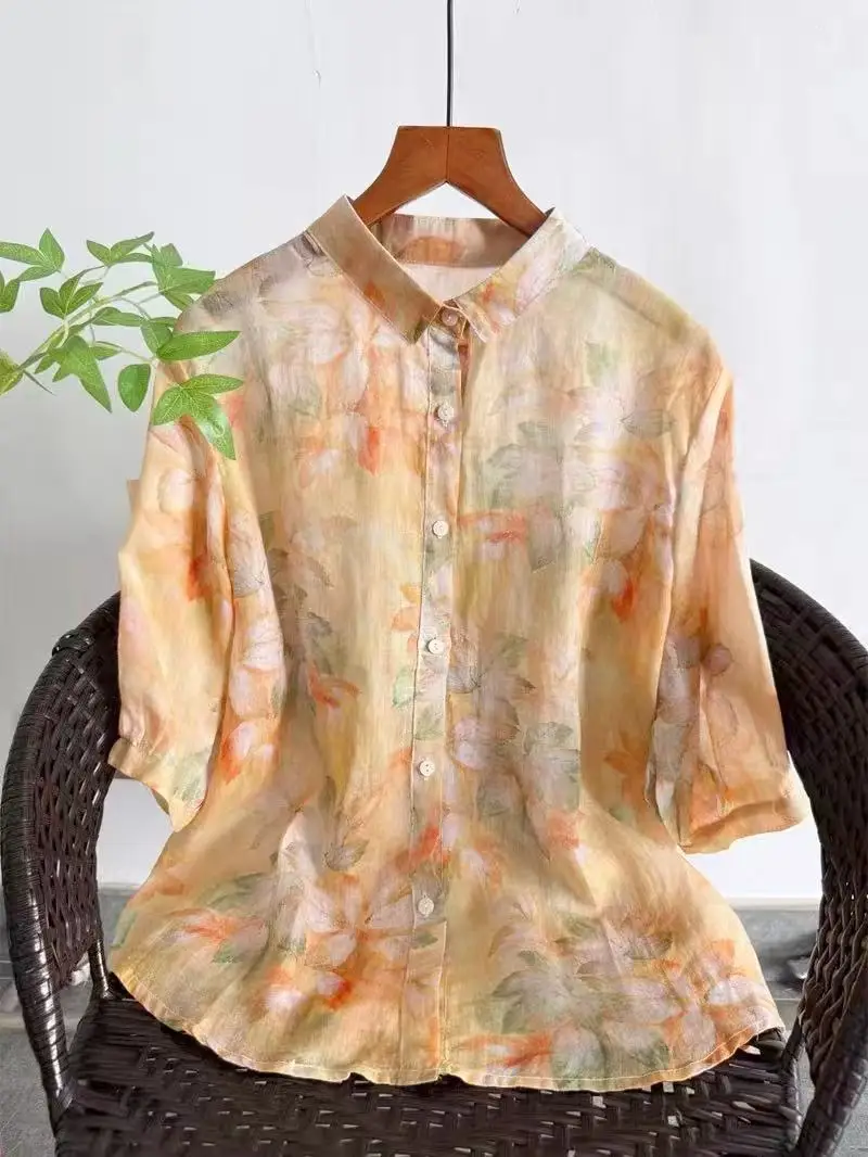 Women's Vintage Watercolor Leaf Floral Print 100% Ramie Linen Button Down Shirt Boho Orange Tie-dye Print Summer Tops
Women's Vintage Watercolor Leaf Floral Print 100% Ramie Linen Button Down Shirt Boho Orange Tie-dye Print Summer Tops