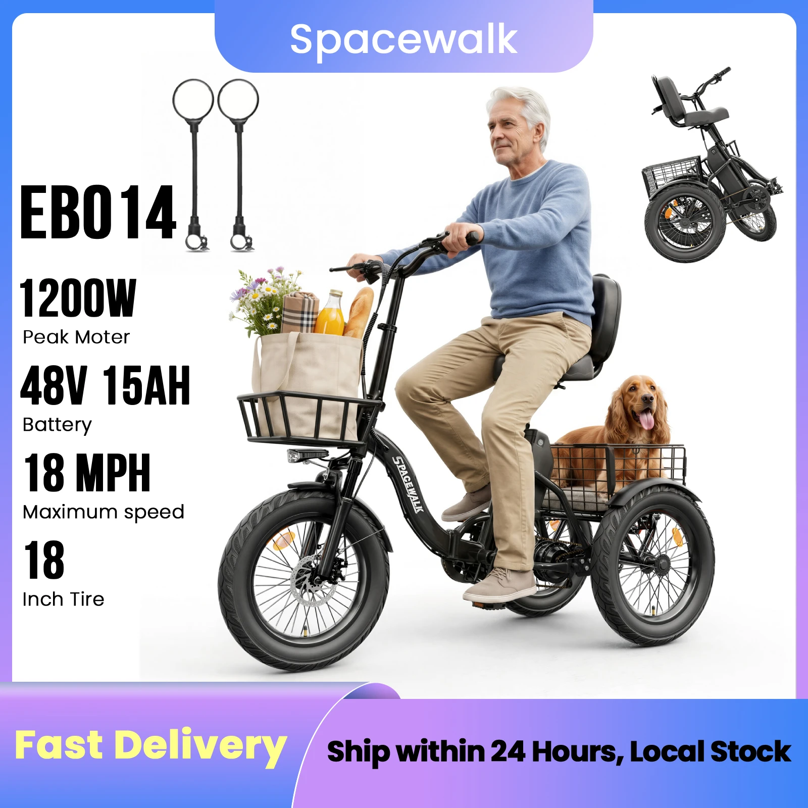 Eilleo Spacewalk 48V 15Ah Electric Bicycle Trike for Adults, 1200W Peak Motor & 720Wh Removable Battery, 18x3.0 Fat Tire Foldable Electric Trike Bike, Up to 60 Miles, 18MPH Step-Thru 3 Wheel Electric Bicycle
Eilleo Spacewalk 48V 15Ah Electric Bicycle Trike for Adults, 1200W Peak Motor & 720Wh Removable Battery, 18x3.0 Fat Tire Foldable Electric Trike Bike, Up to 60 Miles, 18MPH Step-Thru 3 Wheel Electric Bicycle