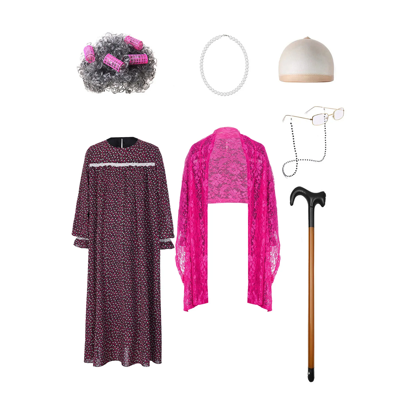 Kids Old Lady Fancy Dress Set Long Sleeve Lace Shawl Dress Wig Pearl Necklace Glasses Hair Net Walking Stick for 100 Days
Kids Old Lady Fancy Dress Set Long Sleeve Lace Shawl Dress Wig Pearl Necklace Glasses Hair Net Walking Stick for 100 Days