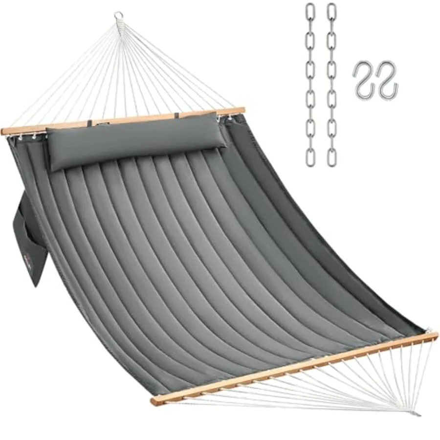 Outdoor patio backyard poolside double quilted fabric hammock with hardwood spreader bars and pillow, beige, 450 LBS capacity,
Outdoor patio backyard poolside double quilted fabric hammock with hardwood spreader bars and pillow, beige, 450 LBS capacity,
