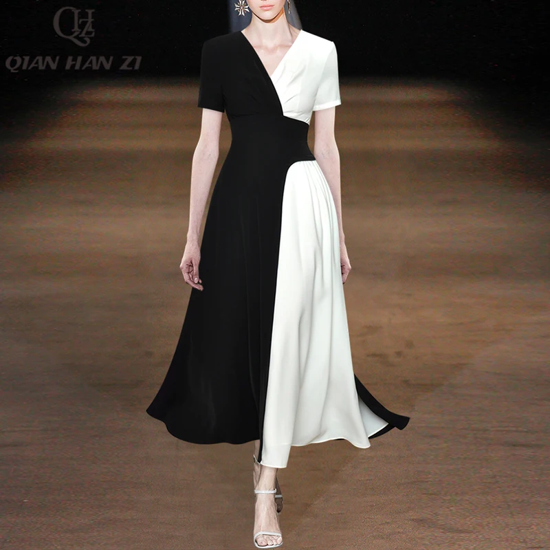 Qian Han Zi Designer Summer Runway Maxi Dress for women V neck vintage black Patchwork White Slim party fashion long dress
Qian Han Zi Designer Summer Runway Maxi Dress for women V neck vintage black Patchwork White Slim party fashion long dress