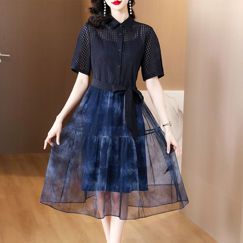 2023 Summer New Silk Short Sleeve Mesh Hollow Out Dress Casual Fashion Women's Loose Large Polo Neck Large Swing Long Dress
2023 Summer New Silk Short Sleeve Mesh Hollow Out Dress Casual Fashion Women's Loose Large Polo Neck Large Swing Long Dress