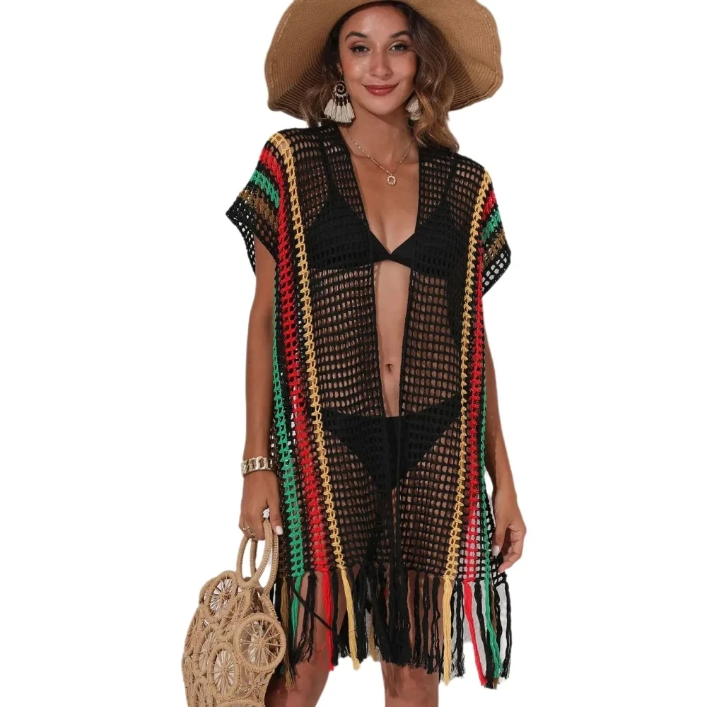 Sexy Knitted Cardigan Bikini Cover-up Dress Women's Swimsuit Tunic Block Color Stripes Patchwork Tassels High Split Beachwear
Sexy Knitted Cardigan Bikini Cover-up Dress Women's Swimsuit Tunic Block Color Stripes Patchwork Tassels High Split Beachwear