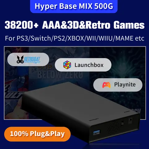 Hyper Base MIX 500GB Portable Game Hard Drive 3 System in 1 Built-in 38200+ AAA&3D&Retro Games for PS3/Switch/PS2/XBOX/WII/WIIU