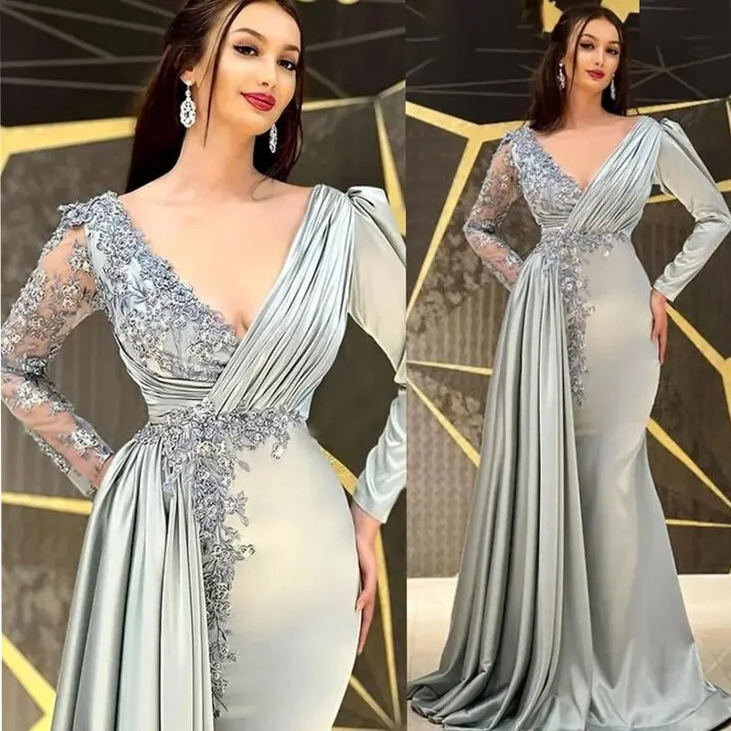 LZPOVE Silver Prom Dress Long Sleeves Evening Dresses V-Neck Vestidos De Festa Soft Satin Mother Of Bridal Wedding Party Gowns
LZPOVE Silver Prom Dress Long Sleeves Evening Dresses V-Neck Vestidos De Festa Soft Satin Mother Of Bridal Wedding Party Gowns