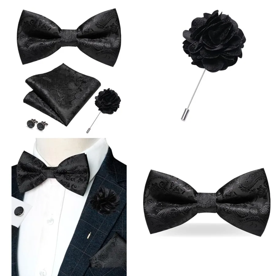 Paisley Pre-tied Bow Tie and Pocket Square Cufflinks Lapel Pin Sets for Men 4PCS,Black
Paisley Pre-tied Bow Tie and Pocket Square Cufflinks Lapel Pin Sets for Men 4PCS,Black