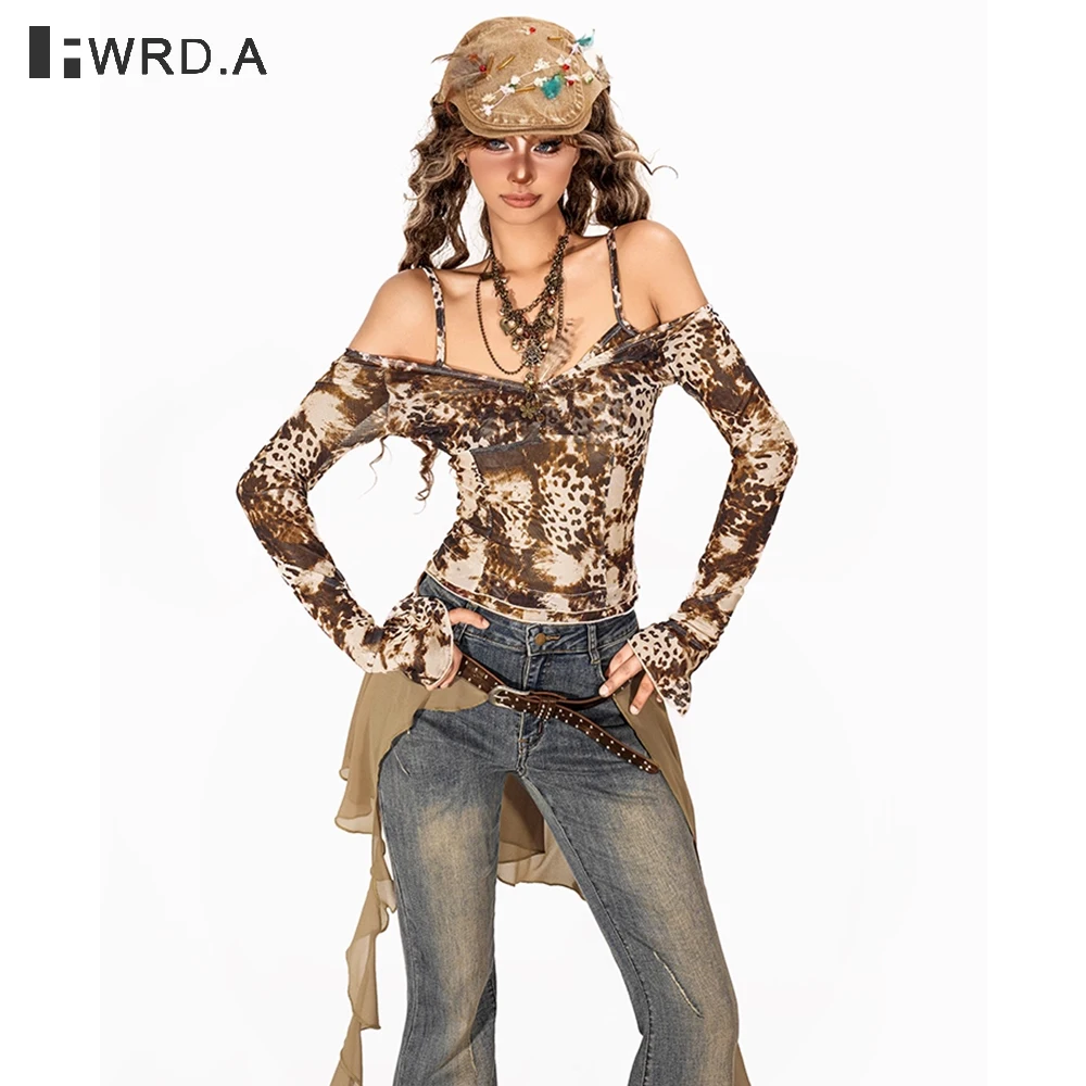 FWRD Y2K Hot Girl Змеиный принт Леопардовый сетчатый топ для женщин Bell Sleeve Tie Dye Off Shoulder Strap Футболка в винтажном стиле # FWRD6018 
FWRD Y2K Hot Girl Змеиный принт Леопардовый сетчатый топ для женщин Bell Sleeve Tie Dye Off Shoulder Strap Футболка в винтажном стиле # FWRD6018