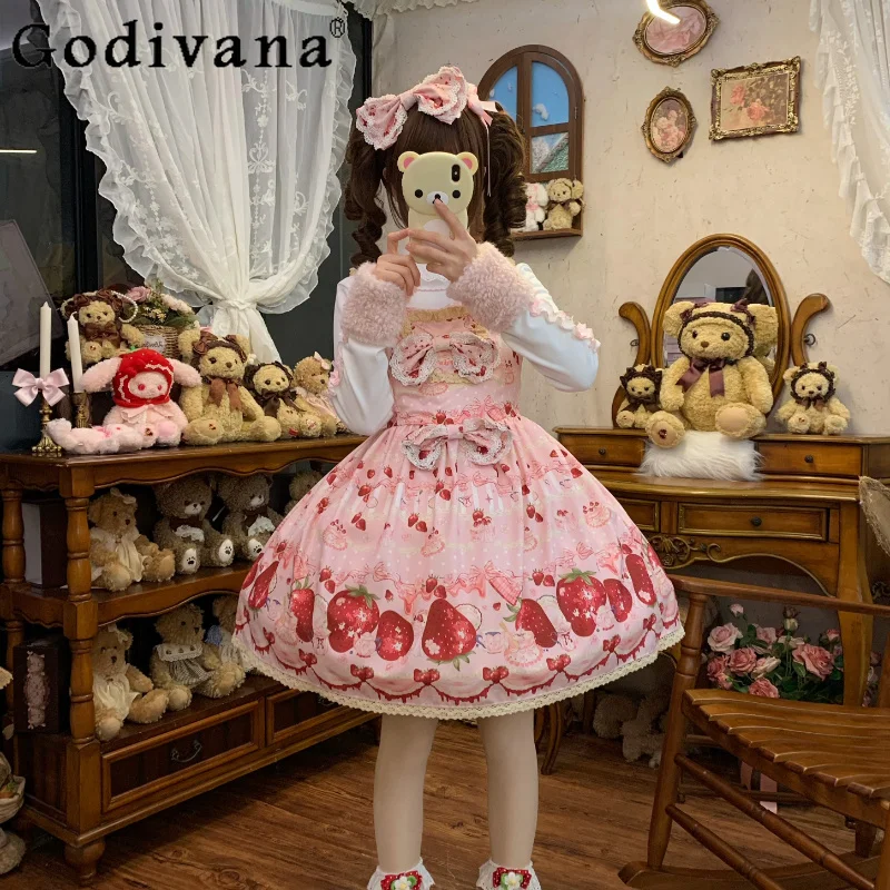 Strawberry Print Lolita Dress Jsk Japanese Girl's Sweet Cute Lo Suspender Dresses Summer New Casual Y2k Pink Dress for Women
Strawberry Print Lolita Dress Jsk Japanese Girl's Sweet Cute Lo Suspender Dresses Summer New Casual Y2k Pink Dress for Women