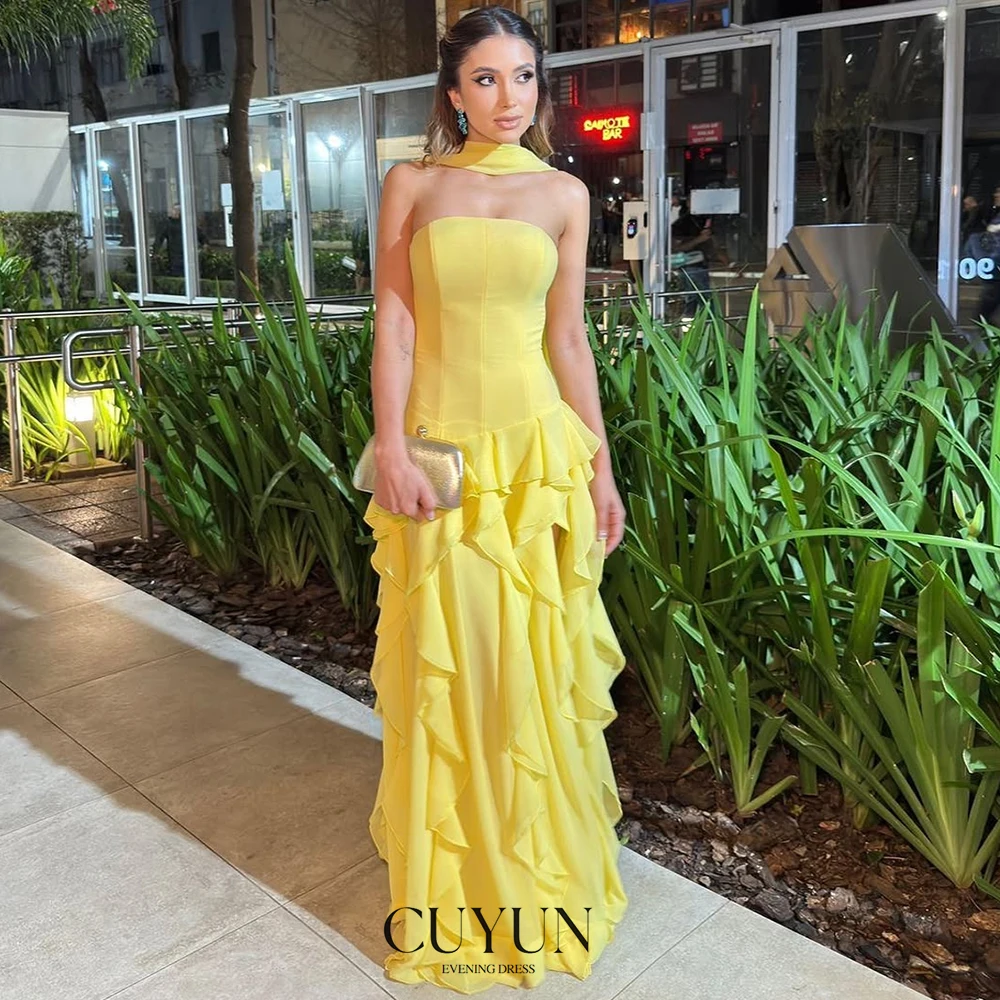 CUYUN Yellow Evening Dresses Strapless Tiered Ruffled Prom Dresses for Women Customized A Line Elegant Summer Party Gown 
CUYUN Yellow Evening Dresses Strapless Tiered Ruffled Prom Dresses for Women Customized A Line Elegant Summer Party Gown