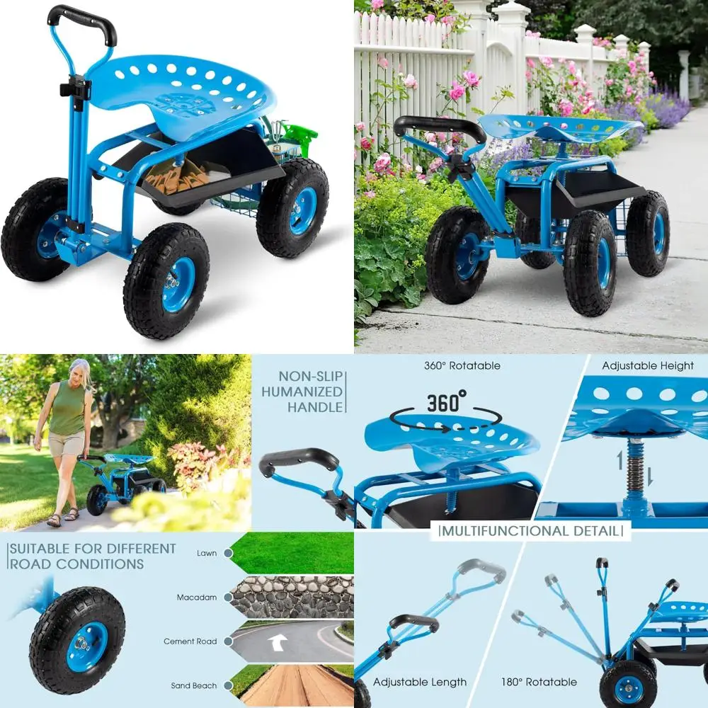 sturdy senior garden cart with seat, handle, and storage on wheels, blue
sturdy senior garden cart with seat, handle, and storage on wheels, blue