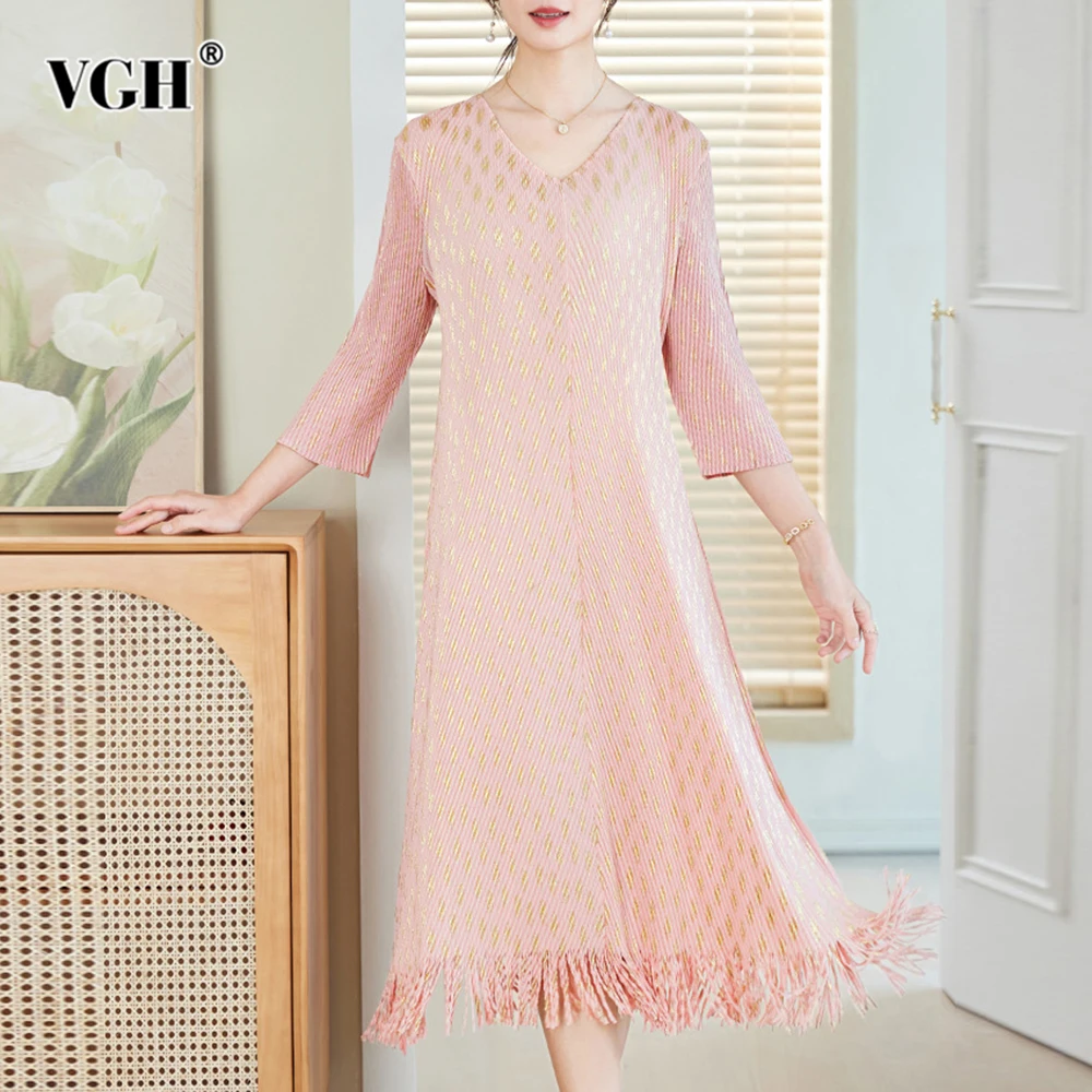 VGH Hit Color Slimming Retro Printing Dresses For Women V Neck Three Quarter Sleeve High Waist Spliced Tassels Chic Dress Female
VGH Hit Color Slimming Retro Printing Dresses For Women V Neck Three Quarter Sleeve High Waist Spliced Tassels Chic Dress Female