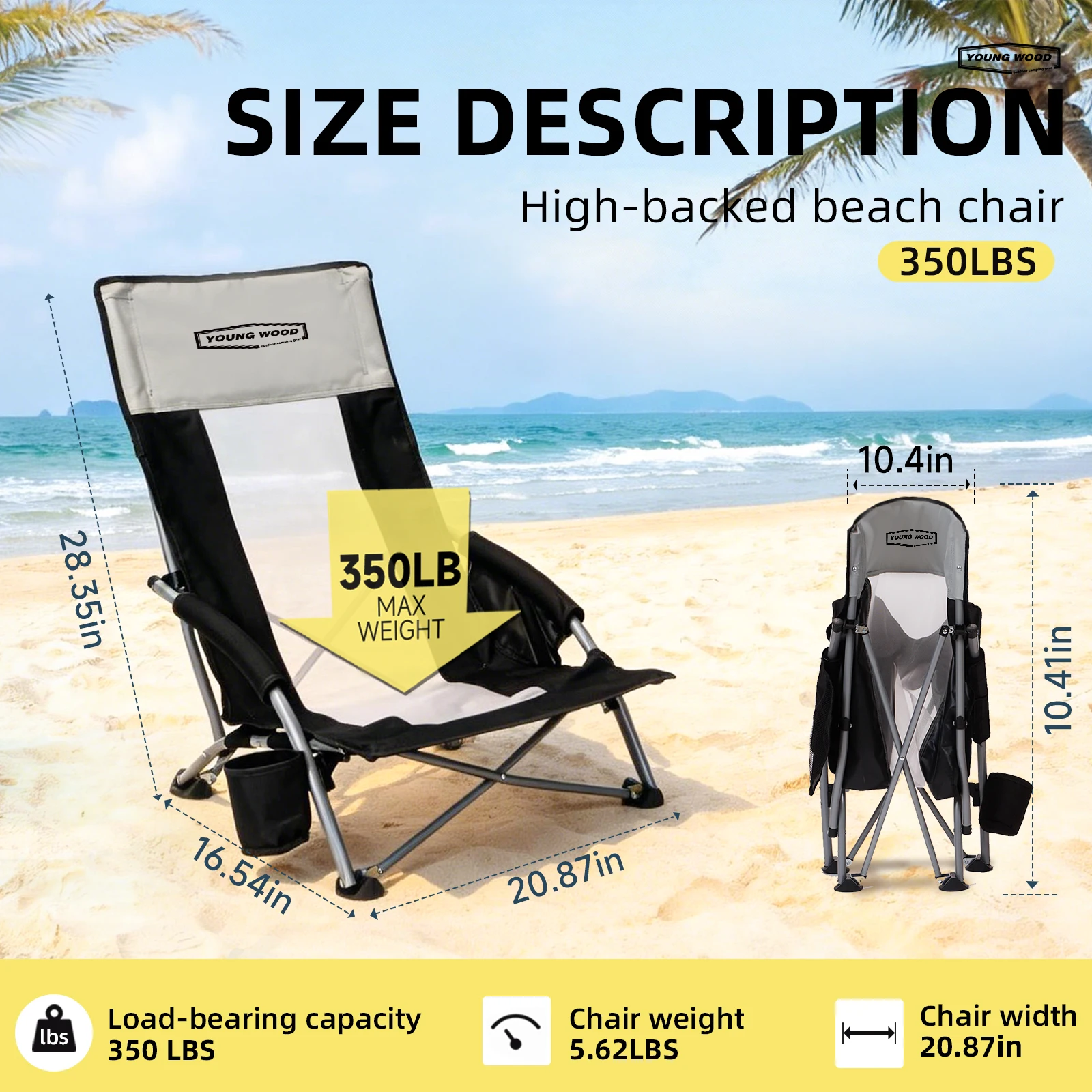 Black high beach camping chair, oversized breathable mesh cushion, 350 pound load-bearing portable chair with cup holder
Black high beach camping chair, oversized breathable mesh cushion, 350 pound load-bearing portable chair with cup holder