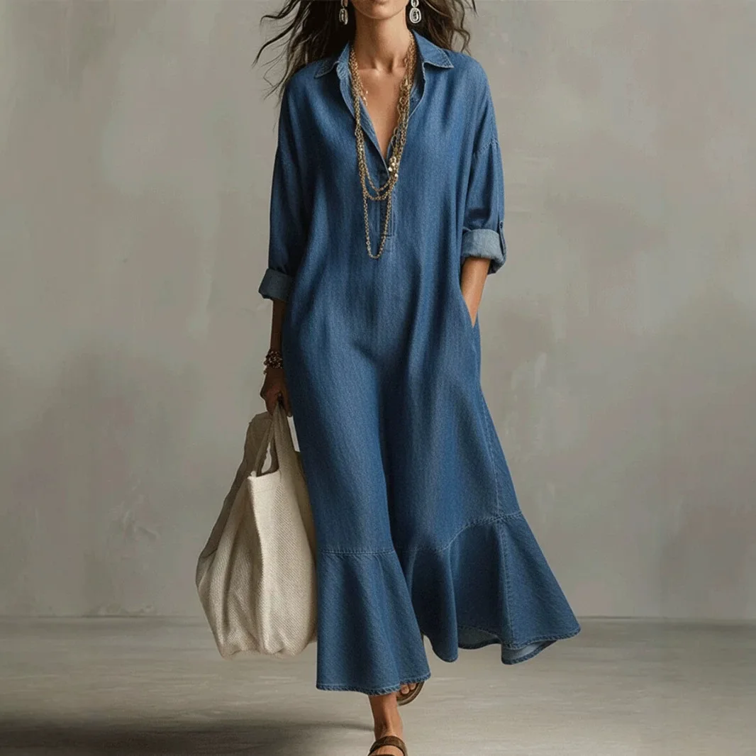 Casual Button Denim Ruffle V-Neck Loose Long Dress Dresses Spring Summer Maxi
Casual Button Denim Ruffle V-Neck Loose Long Dress Dresses Spring Summer Maxi