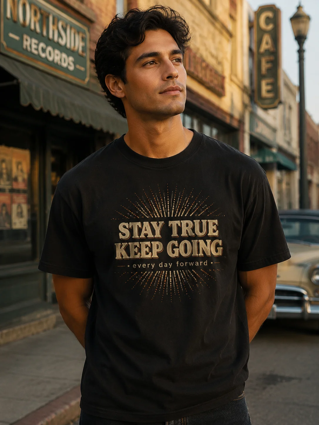 Men Graphic T Shirt Short Sleeve Classic Fit 50 Percent Cotton 50 Percent Polyester Stretch Fabric Vintage Sunburst Print
Men Graphic T Shirt Short Sleeve Classic Fit 50 Percent Cotton 50 Percent Polyester Stretch Fabric Vintage Sunburst Print