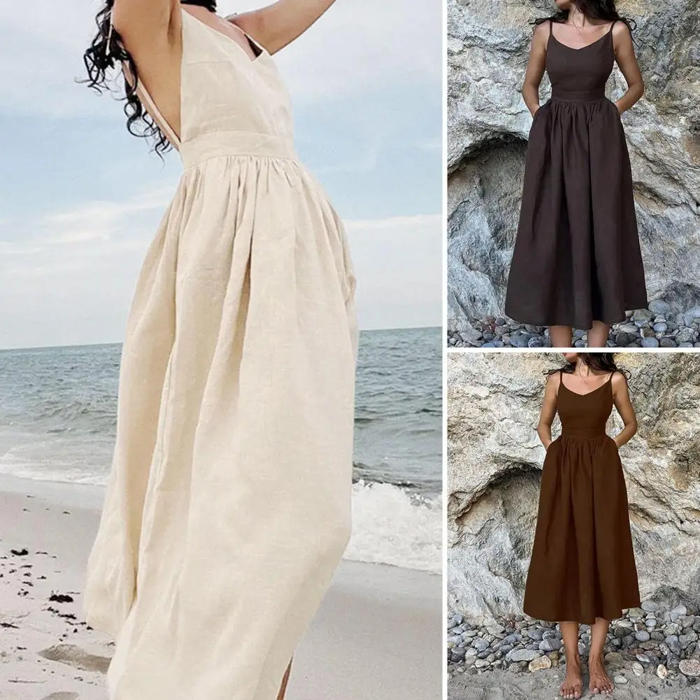 Suspender Design Dress Elegant Spaghetti Strap Midi Dress with V Neck Side Pockets for Women A-line Solid Color Backless Pleated
Suspender Design Dress Elegant Spaghetti Strap Midi Dress with V Neck Side Pockets for Women A-line Solid Color Backless Pleated