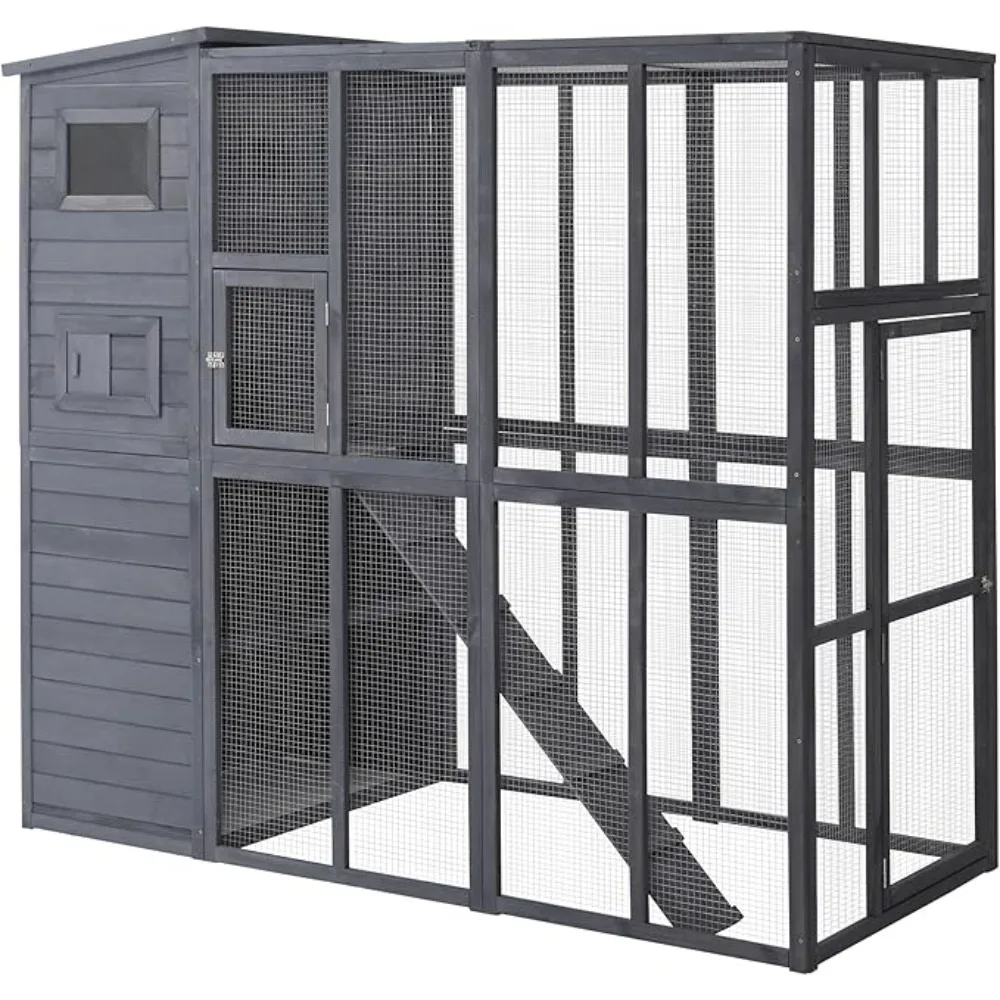 Outdoor Cat House Wooden Feral Cat Shelter, Cat Cage with Platforms, Waterproof Asphalt Roof, Ramps, 77" L, Gray
Outdoor Cat House Wooden Feral Cat Shelter, Cat Cage with Platforms, Waterproof Asphalt Roof, Ramps, 77" L, Gray