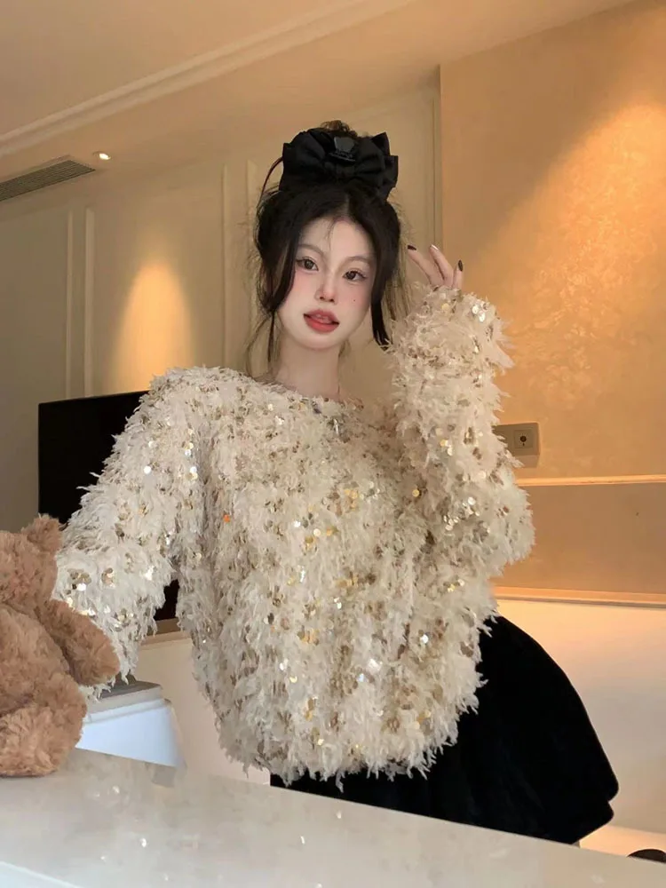 Feather Tassel Sequins Knitting Sweater Loose Fashion Personality Street Trend Women O-neck 2023 Winter New Top
Feather Tassel Sequins Knitting Sweater Loose Fashion Personality Street Trend Women O-neck 2023 Winter New Top