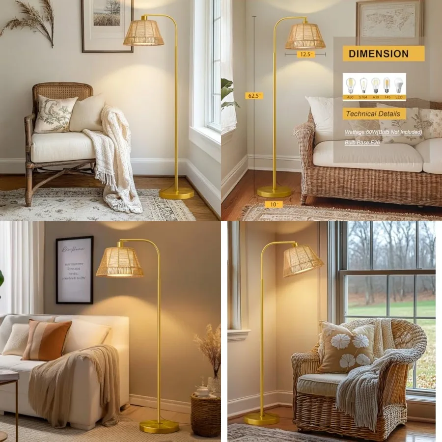 Arc Floor Lamp for Living Room, Rattan Boho Floor Lamp with Hand-Woven Wicker and Fabric Shade, Feet Switch, Metal Base and Pol
Arc Floor Lamp for Living Room, Rattan Boho Floor Lamp with Hand-Woven Wicker and Fabric Shade, Feet Switch, Metal Base and Pol
