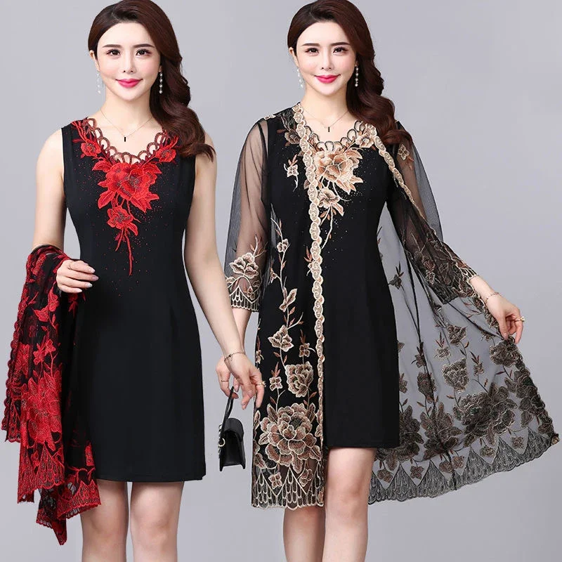 Summer Spring Womens Embroidery Flower V Neck 3/4 Sleeve 2 Pieces Dress Set , Woman Fall Vintage Elegant Dresses Sets
Summer Spring Womens Embroidery Flower V Neck 3/4 Sleeve 2 Pieces Dress Set , Woman Fall Vintage Elegant Dresses Sets