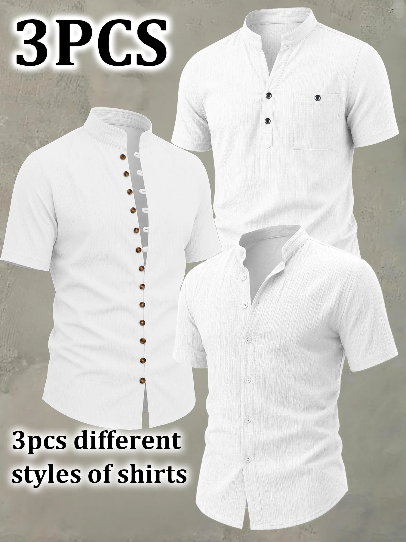 3PCS Men's Short Sleeve Stand Collar Shirts, 3 Different Styles Textured Casual Summer Beach Vacation Button Tops
3PCS Men's Short Sleeve Stand Collar Shirts, 3 Different Styles Textured Casual Summer Beach Vacation Button Tops