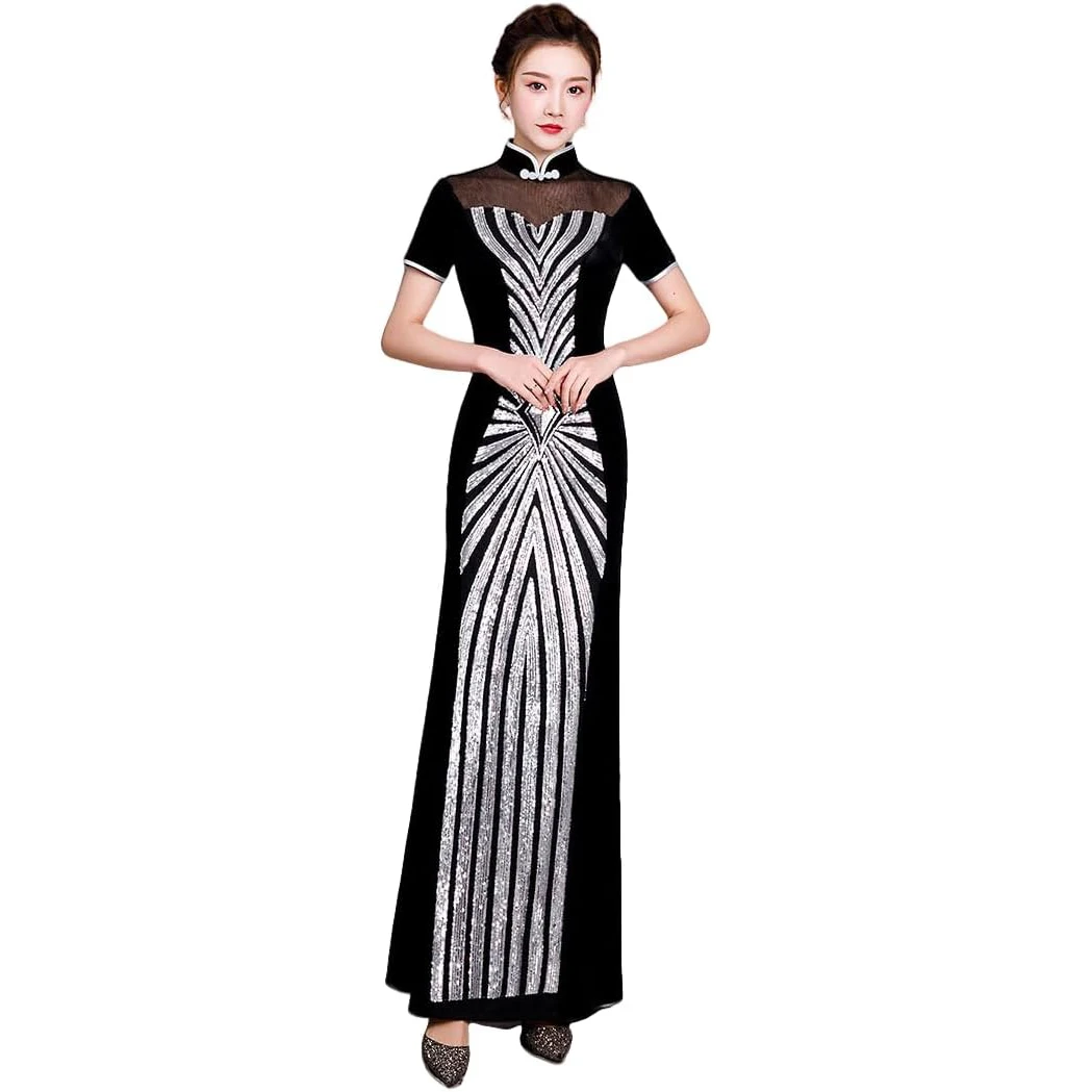 Women's Silver Sequin Qipao Black Velvet Prom Dress Chi-pao Wedding Guest Gown
Women's Silver Sequin Qipao Black Velvet Prom Dress Chi-pao Wedding Guest Gown
