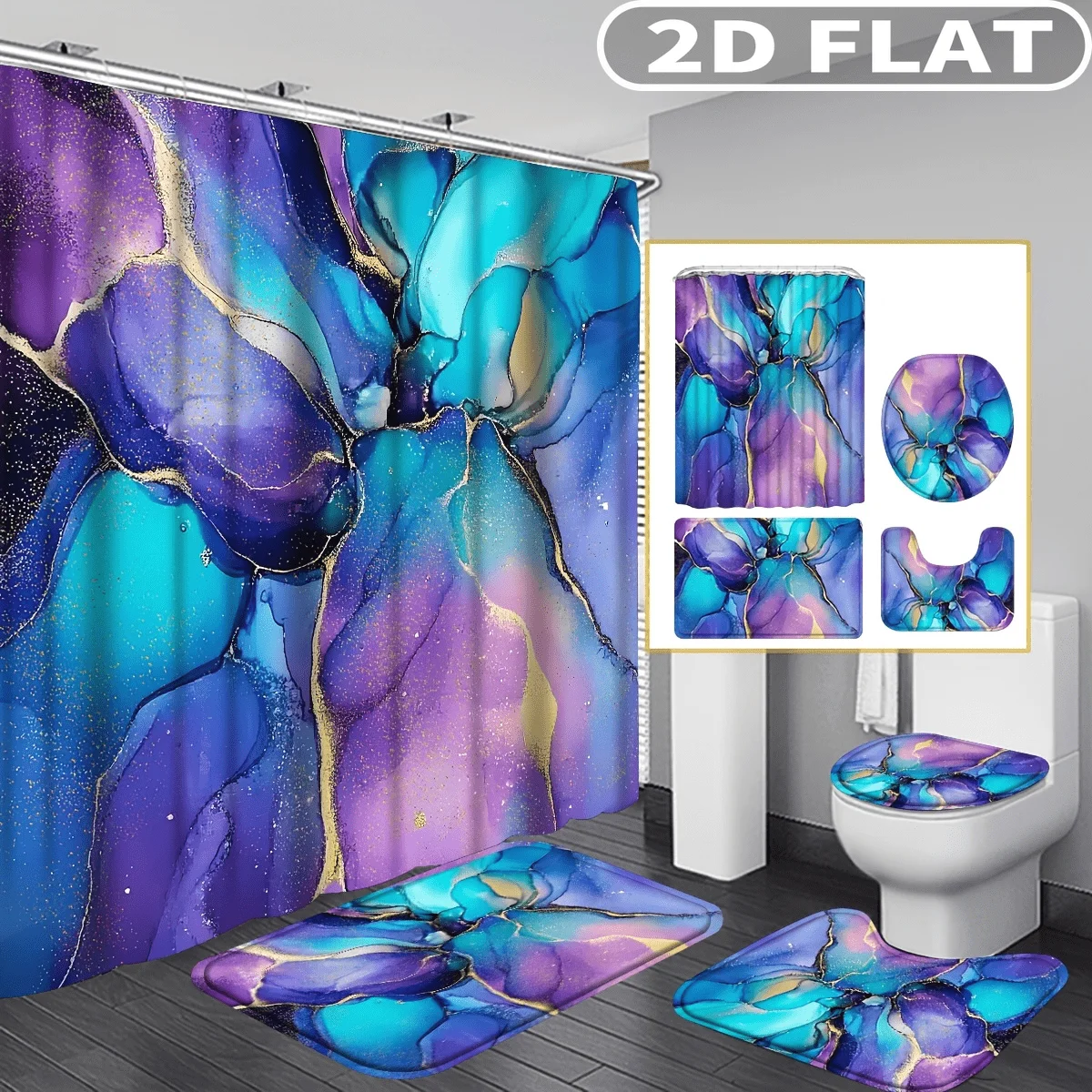 4pcs 2D FLAT Purple Blue Gold Abstract Pattern Shower Curtain Set, with 3pc Bath Mat and 1pc Curtains Perfect for Home Decor
4pcs 2D FLAT Purple Blue Gold Abstract Pattern Shower Curtain Set, with 3pc Bath Mat and 1pc Curtains Perfect for Home Decor