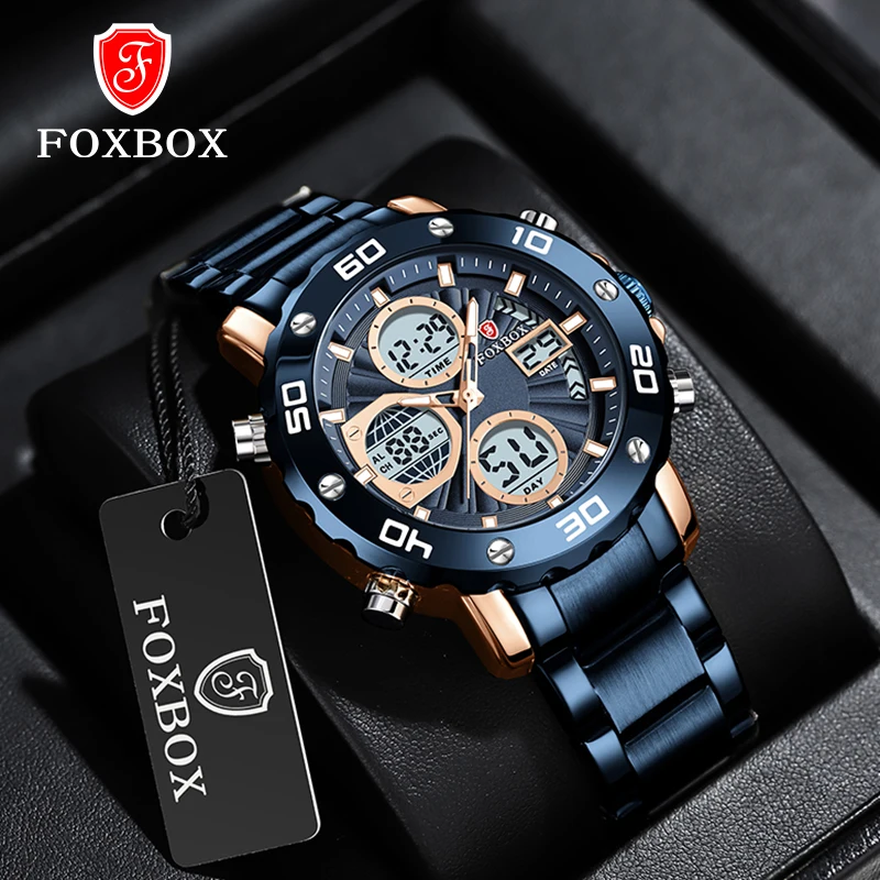Luxury Brand FOXBOX Sport Watches For Men Fashion Blue Quartz WristWatch Steel Band Digital Chronograph Waterproof Clock 2024
Luxury Brand FOXBOX Sport Watches For Men Fashion Blue Quartz WristWatch Steel Band Digital Chronograph Waterproof Clock 2024