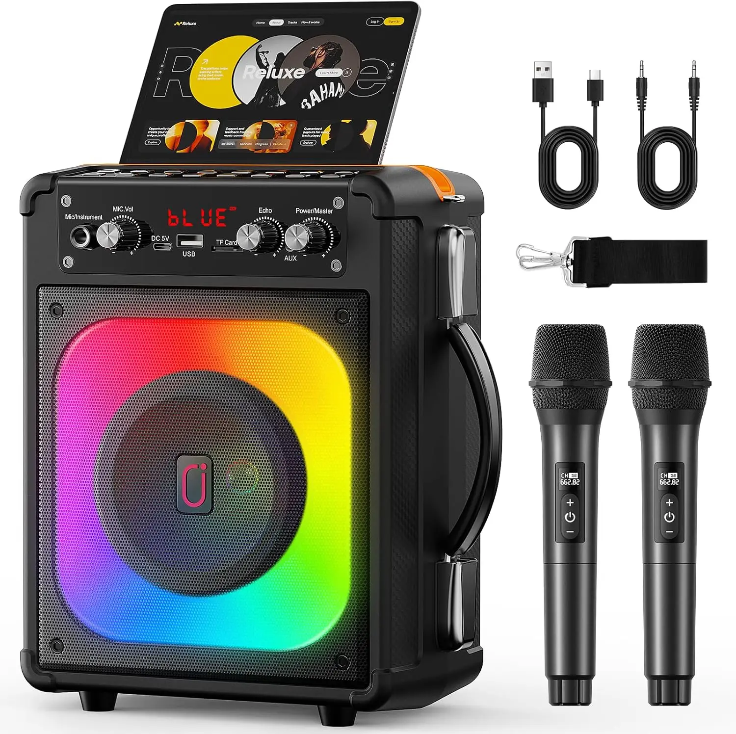 TX06 Kara Ok Machine with 2 Wireless Microphones, Portable Bluetooth Speakers with Bass/Treble Adjustment, Pa System
TX06 Kara Ok Machine with 2 Wireless Microphones, Portable Bluetooth Speakers with Bass/Treble Adjustment, Pa System