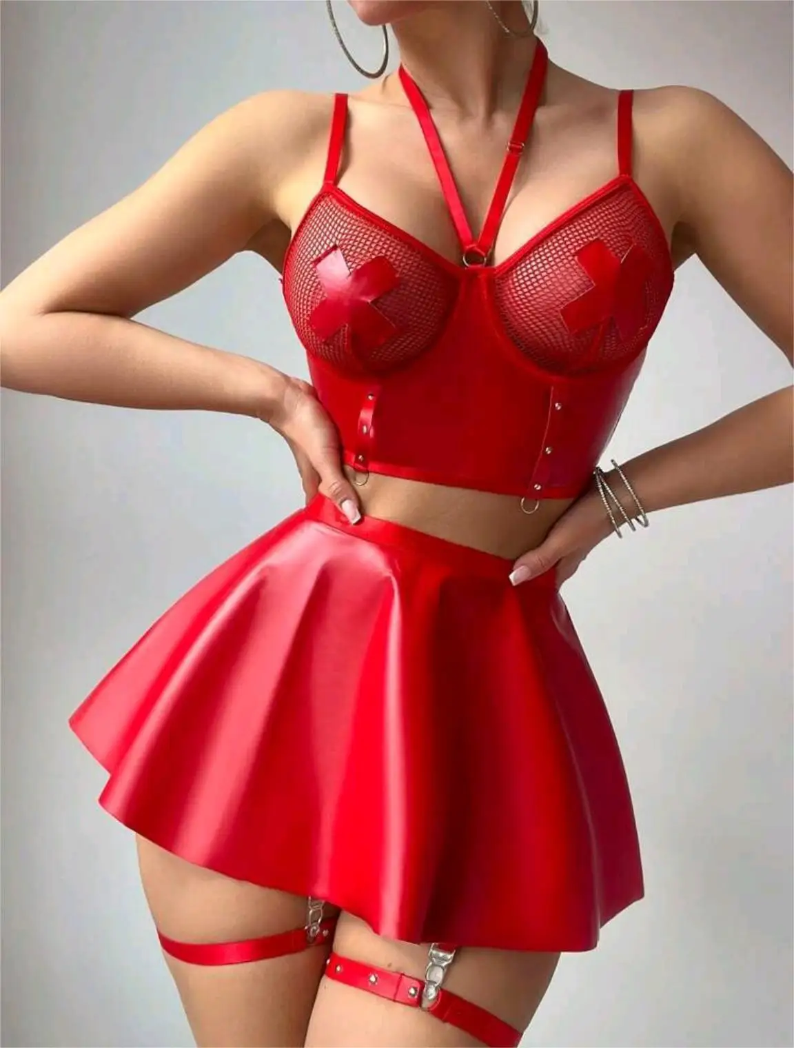 Halter Neck Mini Dress Set - Glossy Leather & Mesh Cutout, Sweet Cool Edgy Style
Halter Neck Mini Dress Set - Glossy Leather & Mesh Cutout, Sweet Cool Edgy Style