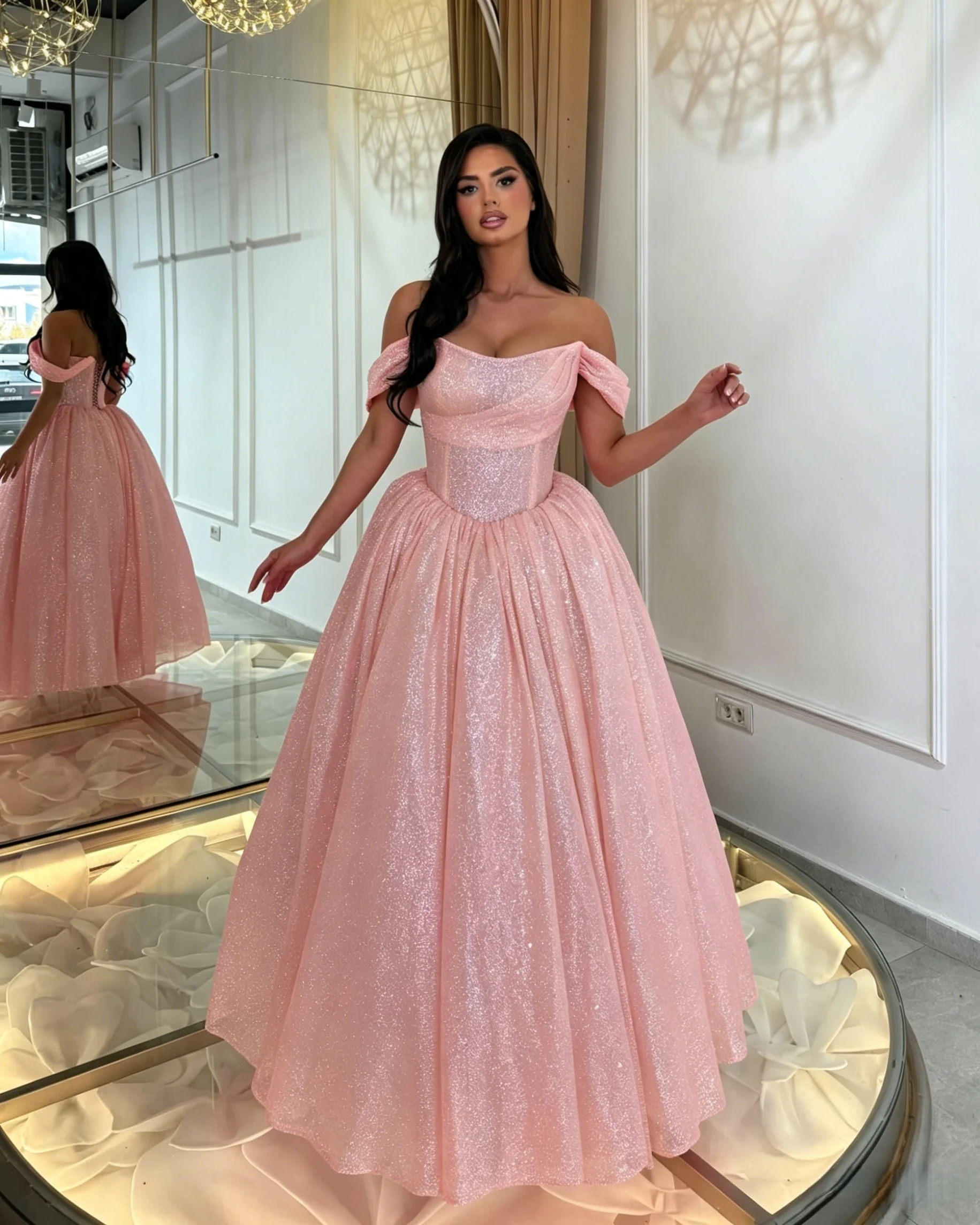 Glitter Pink Evening Dresses Off The Shoulder A-Line Ankle Length Prom Dresses Formal Ankle Length Prom Gowns Customized
Glitter Pink Evening Dresses Off The Shoulder A-Line Ankle Length Prom Dresses Formal Ankle Length Prom Gowns Customized