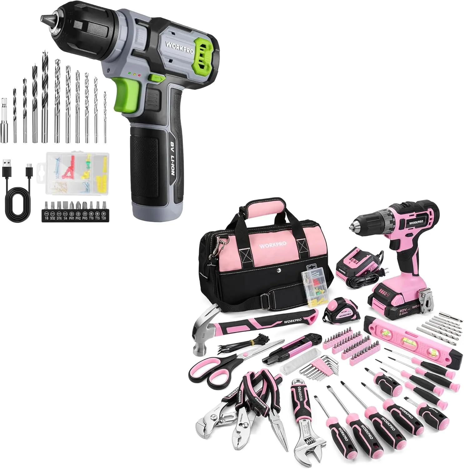157PCS Home Tool Set with 20V Power Drill- Pink & 8V Cordless Drill Driver Set with 53pcs Bit Set - Green
157PCS Home Tool Set with 20V Power Drill- Pink & 8V Cordless Drill Driver Set with 53pcs Bit Set - Green