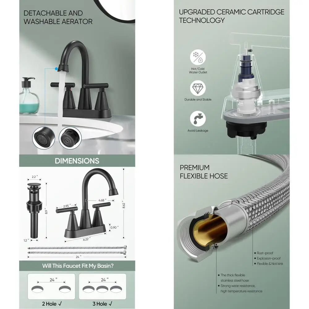 Комплект из 2 4-дюймовых смесителей для раковины с 3 отверстиями и выдвижным сливом и 2 шлангами, матовая отделка Midnight Black
Комплект из 2 4-дюймовых смесителей для раковины с 3 отверстиями и выдвижным сливом и 2 шлангами, матовая отделка Midnight Black