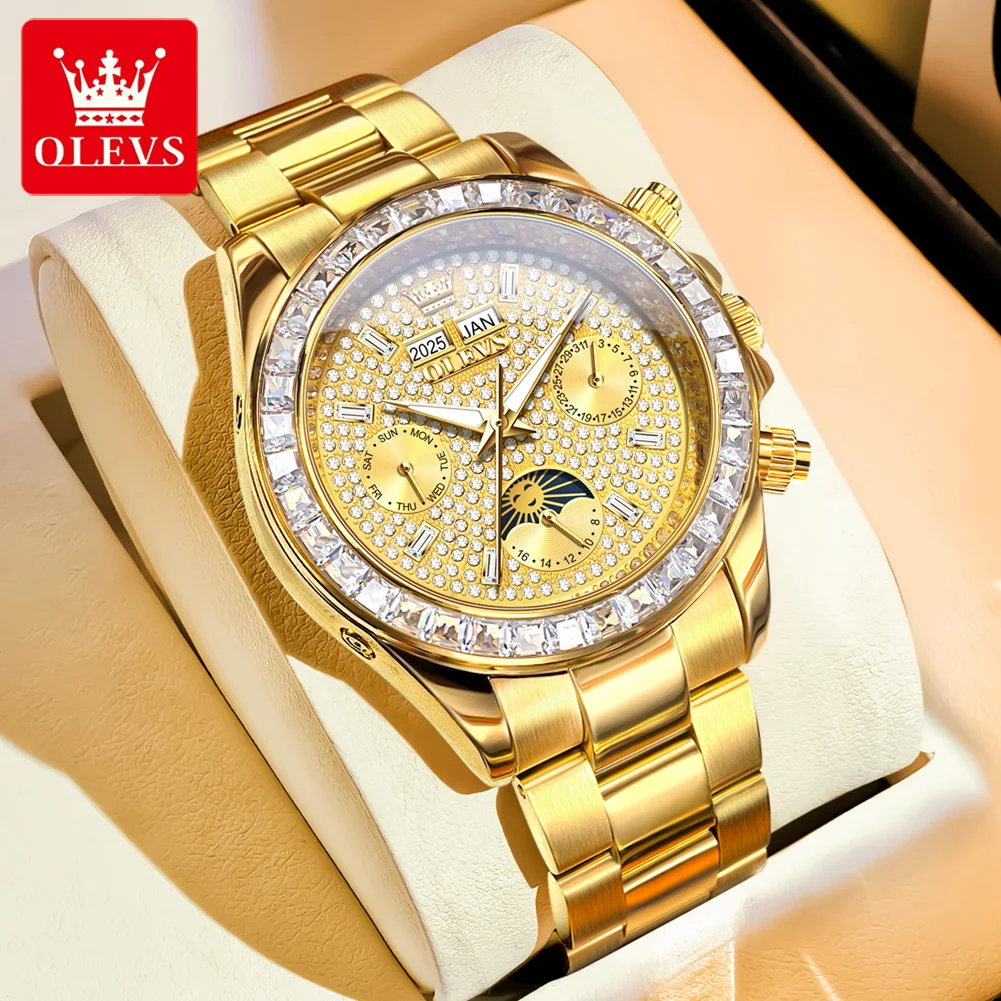 OLEVS Brand Luxury Gold Mechanical Watch for Men Stainless Steel Strap Moon phase Calendar Full Diamond Automatic Watches Mens
OLEVS Brand Luxury Gold Mechanical Watch for Men Stainless Steel Strap Moon phase Calendar Full Diamond Automatic Watches Mens