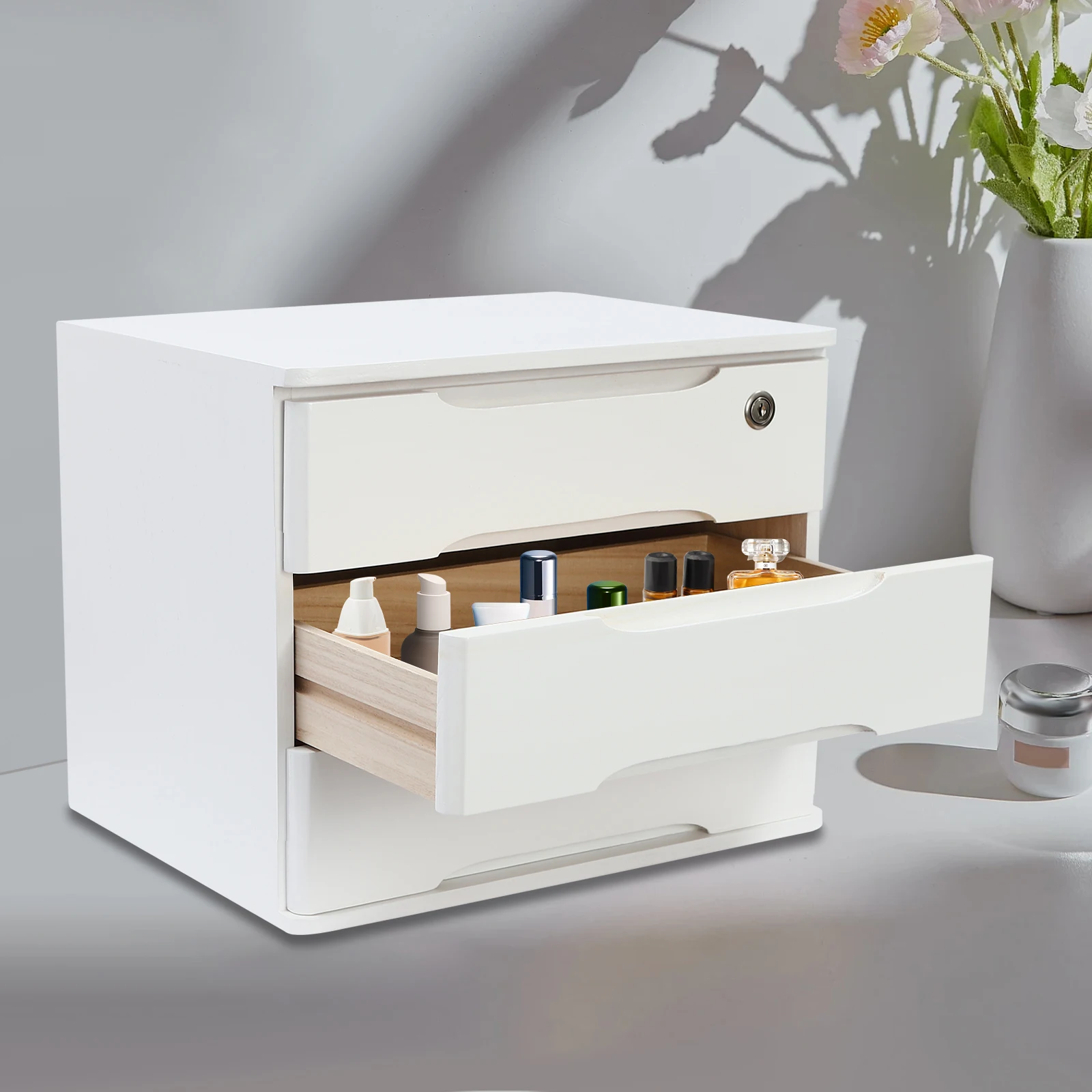 Wooden Desktop Storage Box, 3 Locking Drawers, White Design, Tung Wood, Anti-Slip Pads, Perfect for Organizing Small Office Item
Wooden Desktop Storage Box, 3 Locking Drawers, White Design, Tung Wood, Anti-Slip Pads, Perfect for Organizing Small Office Item