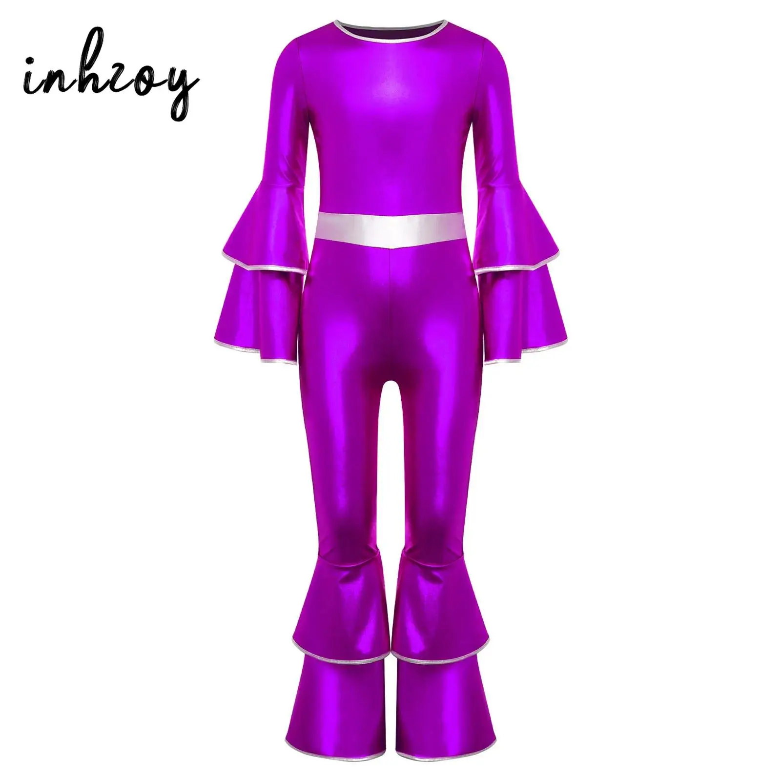 Детский металлический костюм для диско-танца 70-х и 80-х годов для девочек на Хэллоуин, хиппи, косплей, комбинезон для ролевых игр, с длинными рукавами, с высокой талией, многоуровневое расклешенное 
Детский металлический костюм для диско-танца 70-х и 80-х годов для девочек на Хэллоуин, хиппи, косплей, комбинезон для ролевых игр, с длинными рукавами, с высокой талией, многоуровневое расклешенное