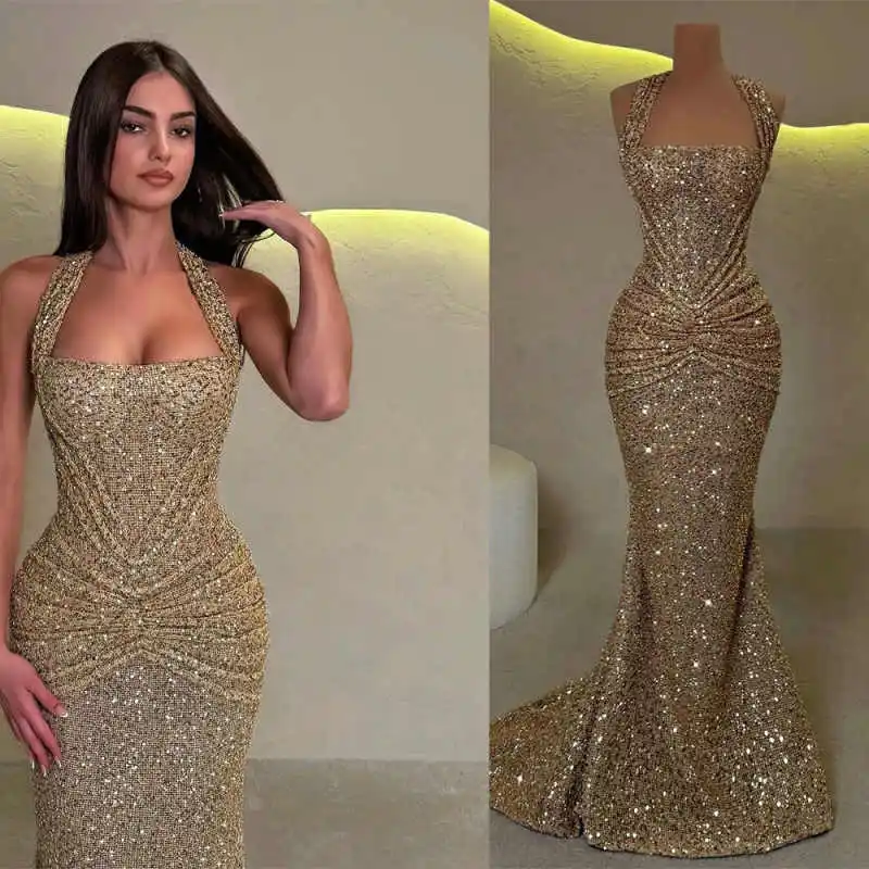 Sparkling Mermaid Evening Dresses Halter Neck Sleeveless Sweep Train Prom Gowns Sequins Engagement Party Customized
Sparkling Mermaid Evening Dresses Halter Neck Sleeveless Sweep Train Prom Gowns Sequins Engagement Party Customized