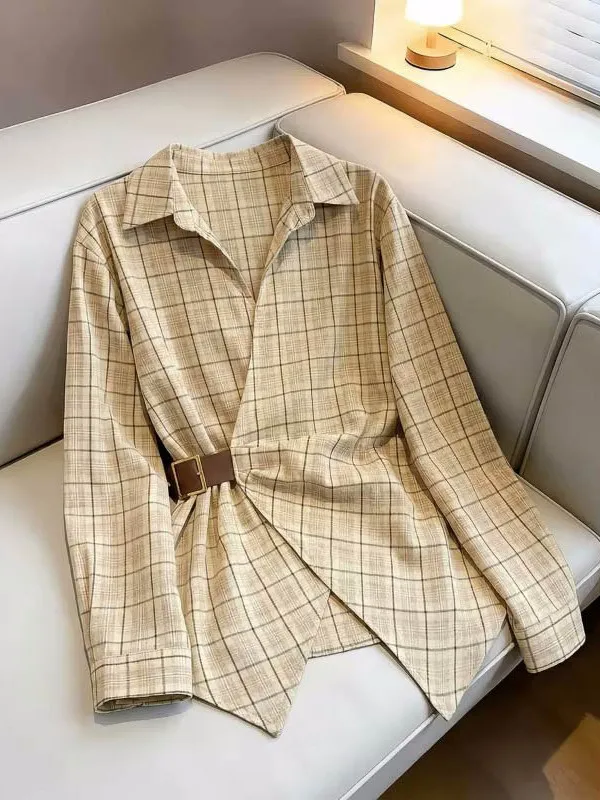Elegant Yellow Plaid V-neck Shoulder-length Women's Shirt Waist-cinching Midi Top Korean Style Loose Fit Long Sleeve
Elegant Yellow Plaid V-neck Shoulder-length Women's Shirt Waist-cinching Midi Top Korean Style Loose Fit Long Sleeve